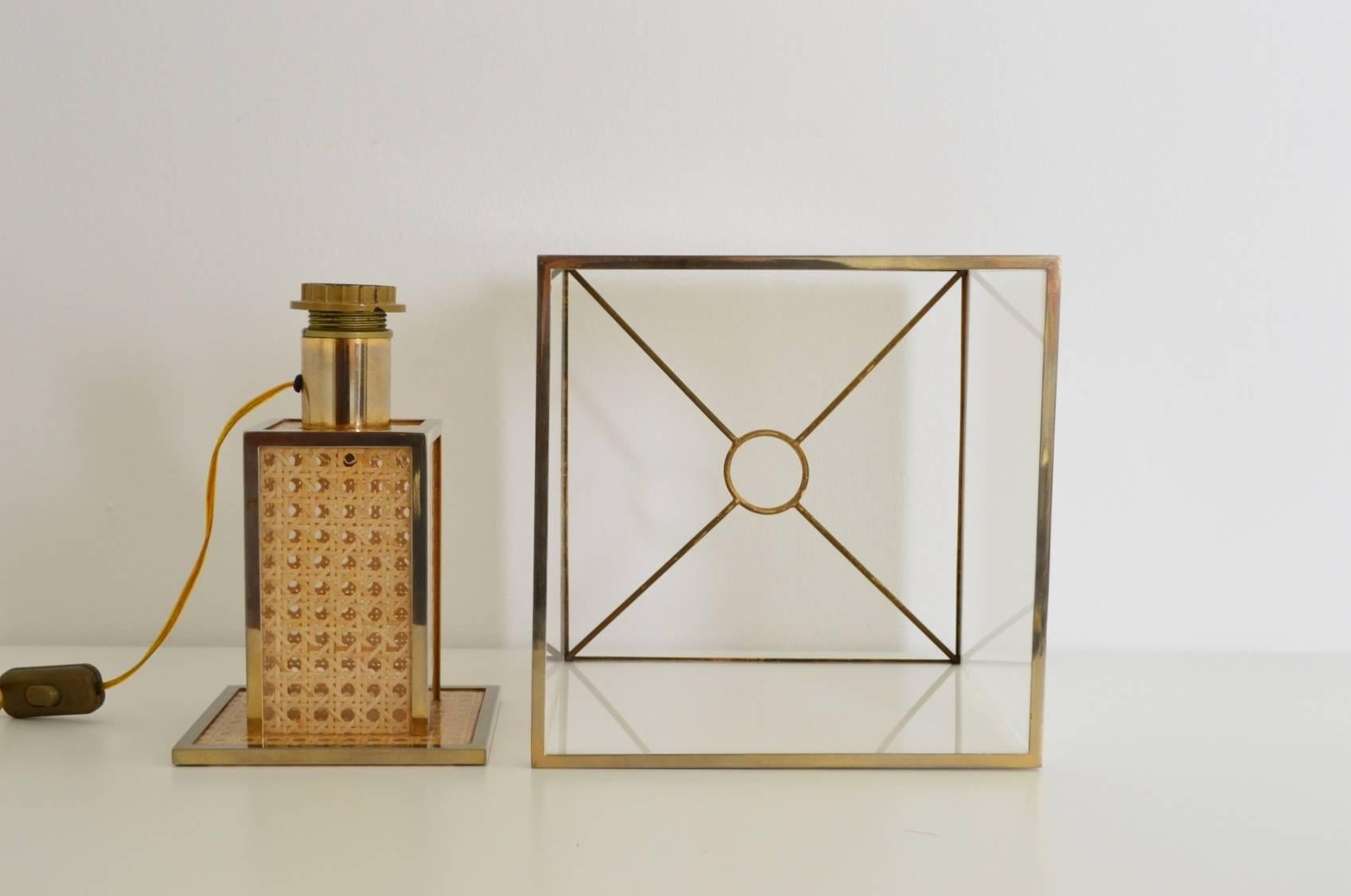 Italian Regency Brass, Lucite and Cane Table Lamp with Acrylic Lampshade, 1960s 1