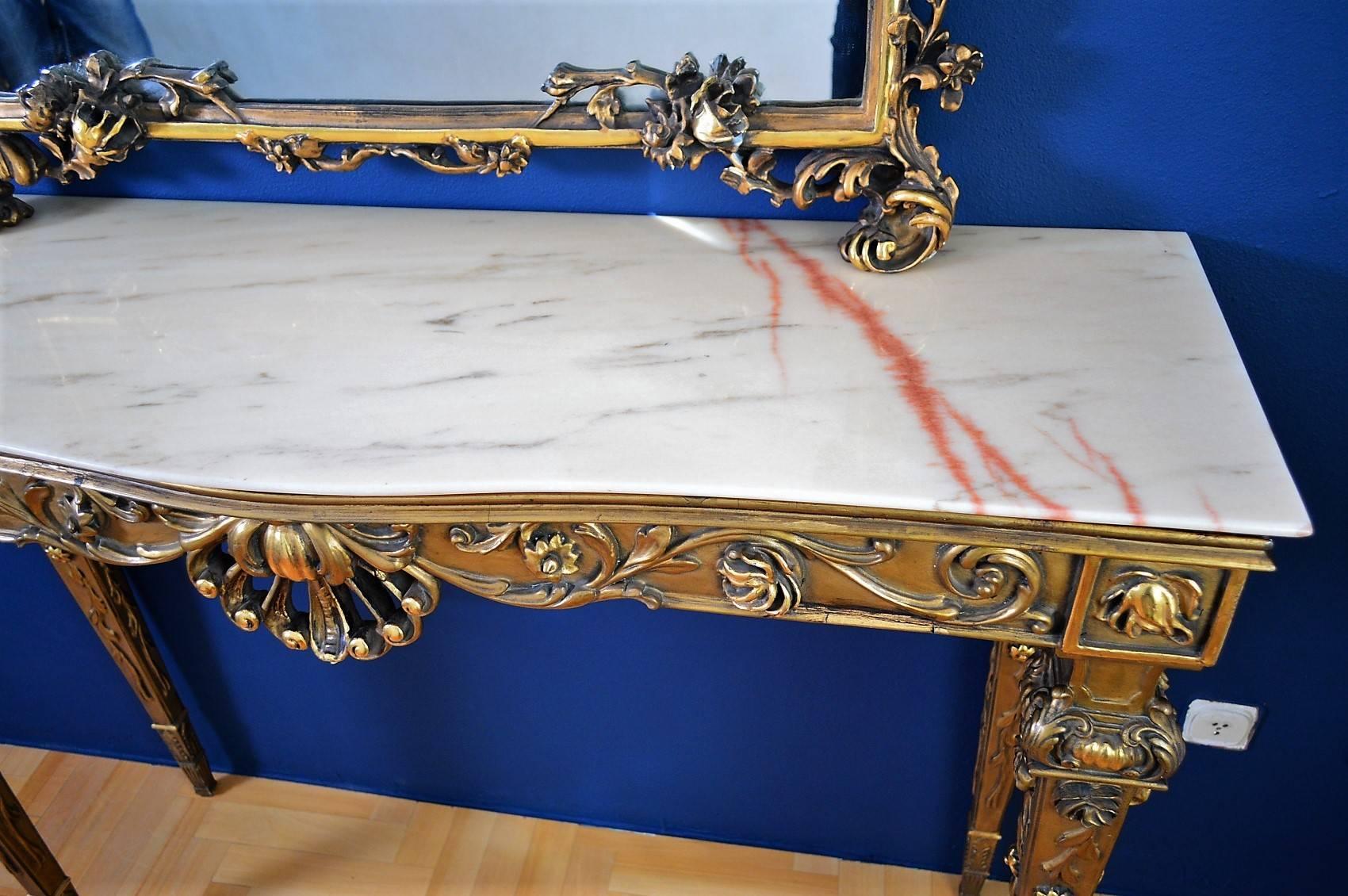 Italian Giltwood and Marble Console Table with Mirror in Rococo Style, 1950s 1