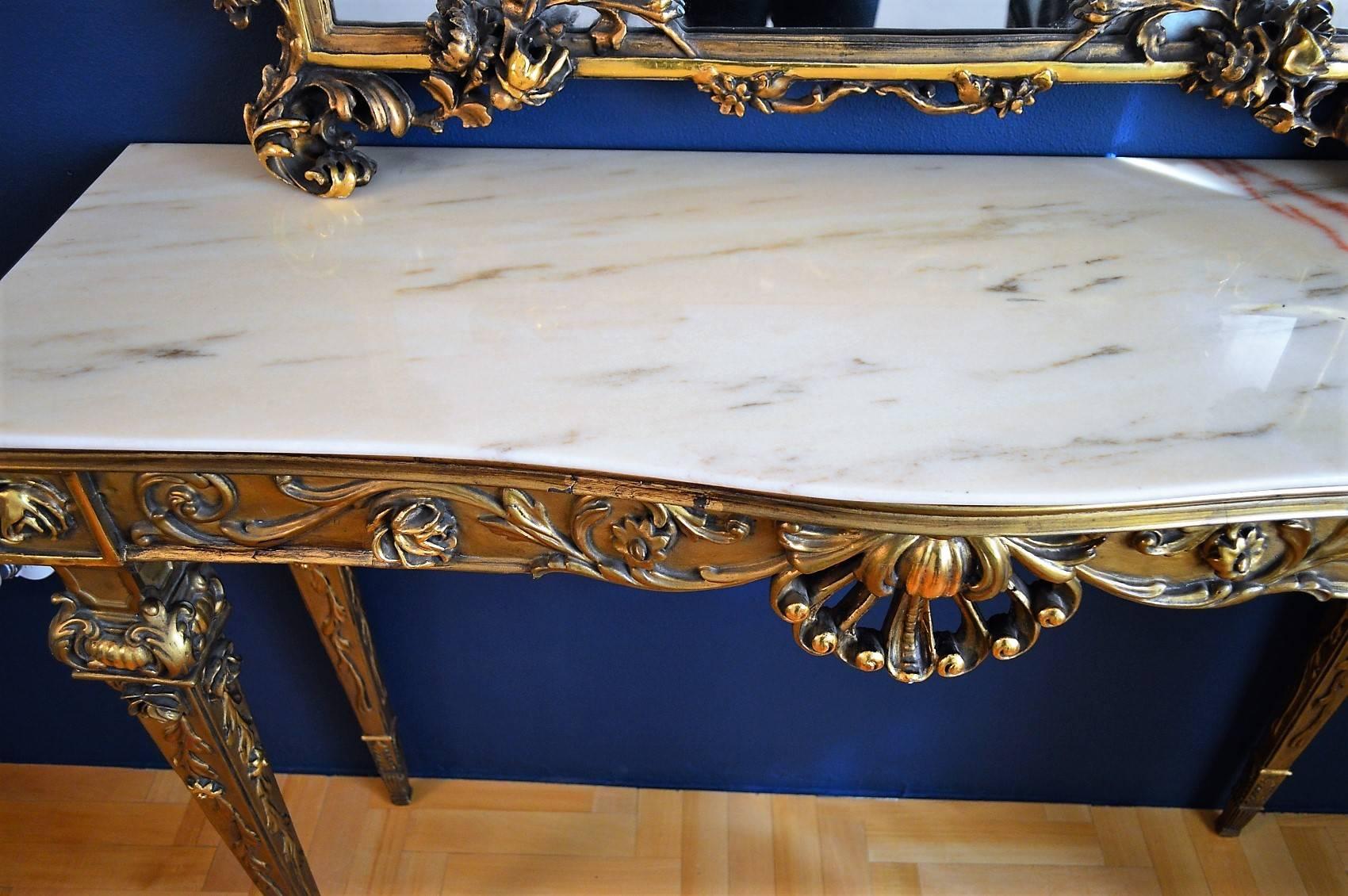 Italian Giltwood and Marble Console Table with Mirror in Rococo Style, 1950s 2