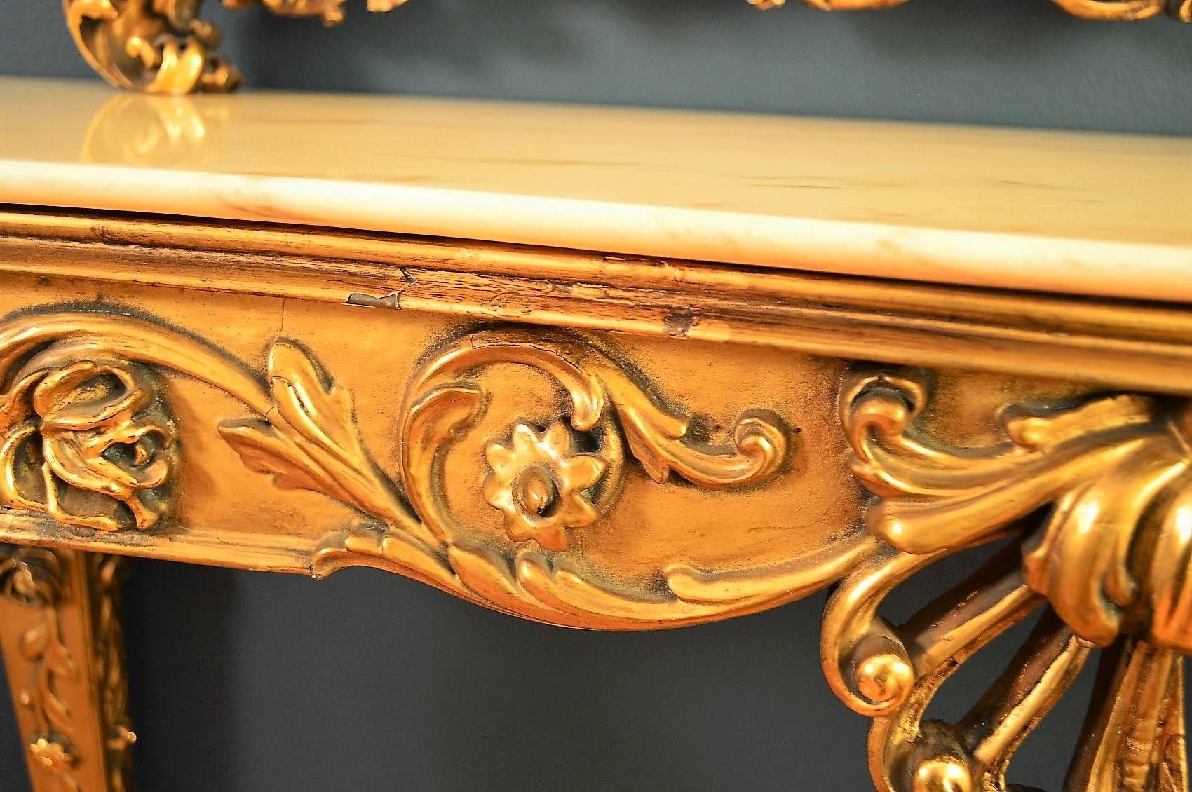 Italian Giltwood and Marble Console Table with Mirror in Rococo Style, 1950s 3