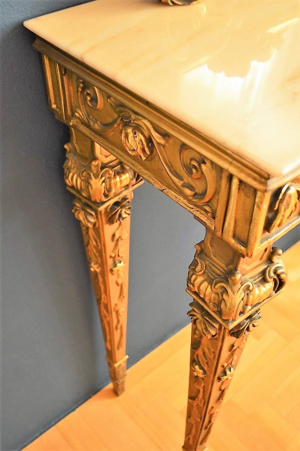 Italian Giltwood and Marble Console Table with Mirror in Rococo Style, 1950s 4