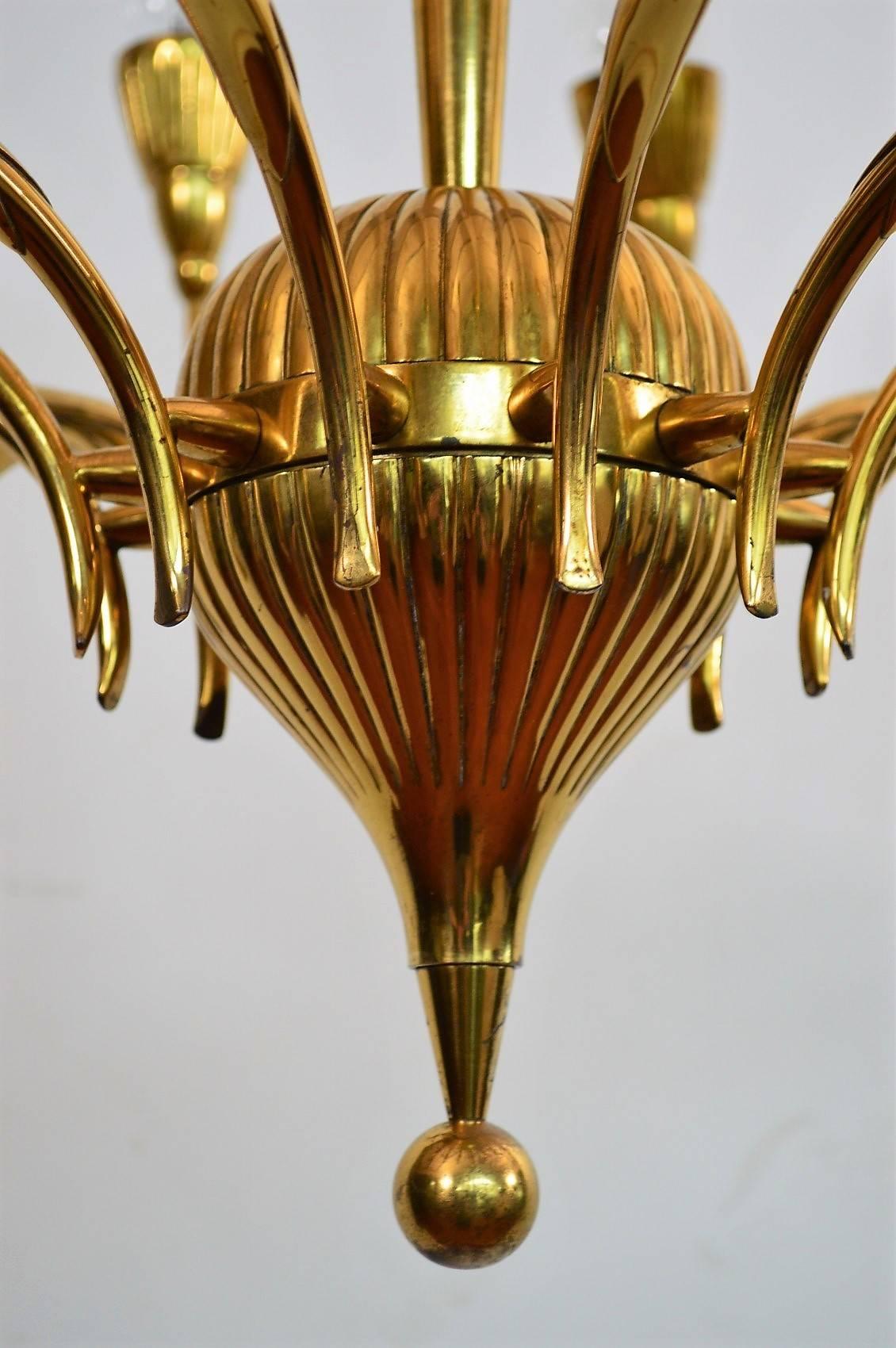 Mid-Century Modern High Italian Brass Chandelier, 1950s