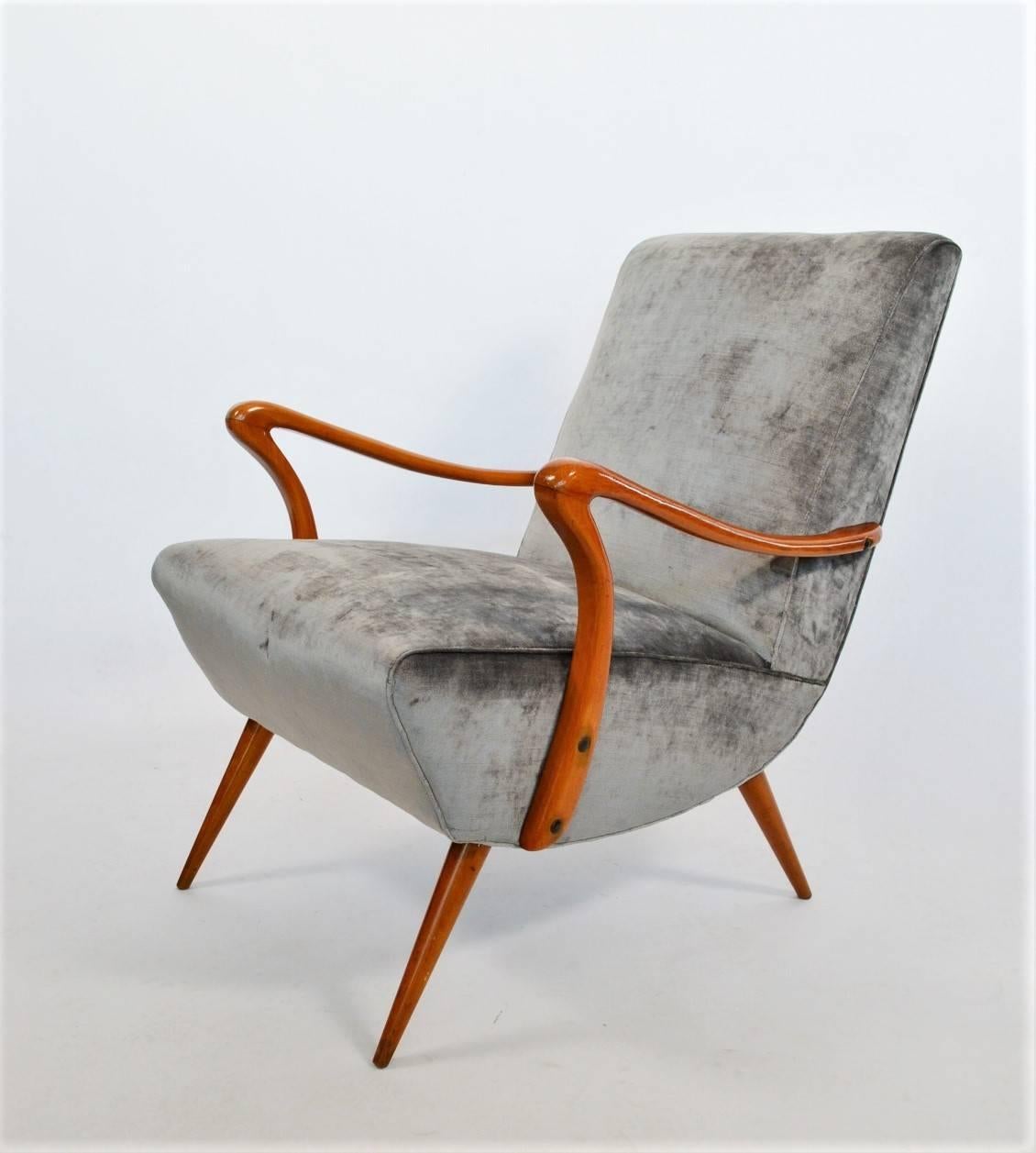 Hand-Carved Italian 1950s, Beech and Dark Silver-Grey Velvet Armchair Numbered Reupholstered