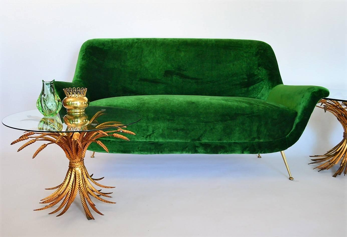 Polished Magnificent Italian Mid-Century Sofa Reupholstered with Emerald Velvet, 1950s