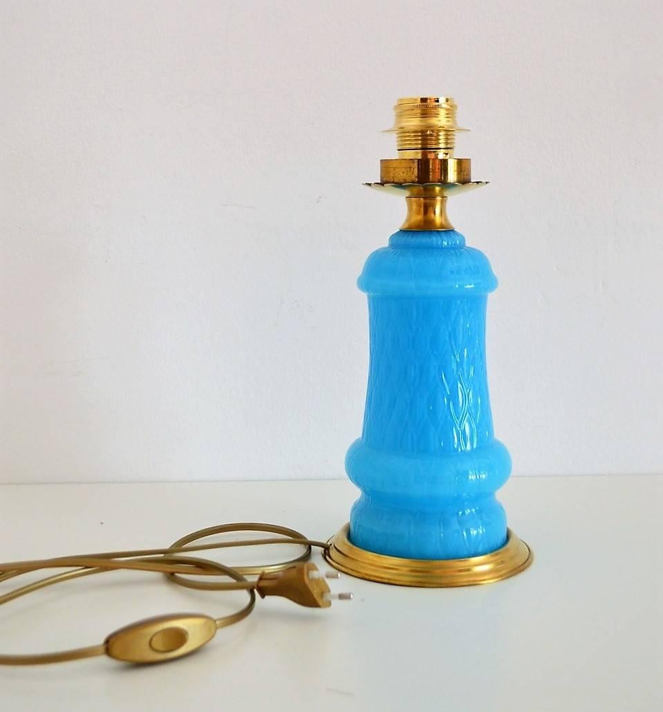 Mid-Century Modern French Blue Opaline Glass Lamp with Brass Details, 1940s