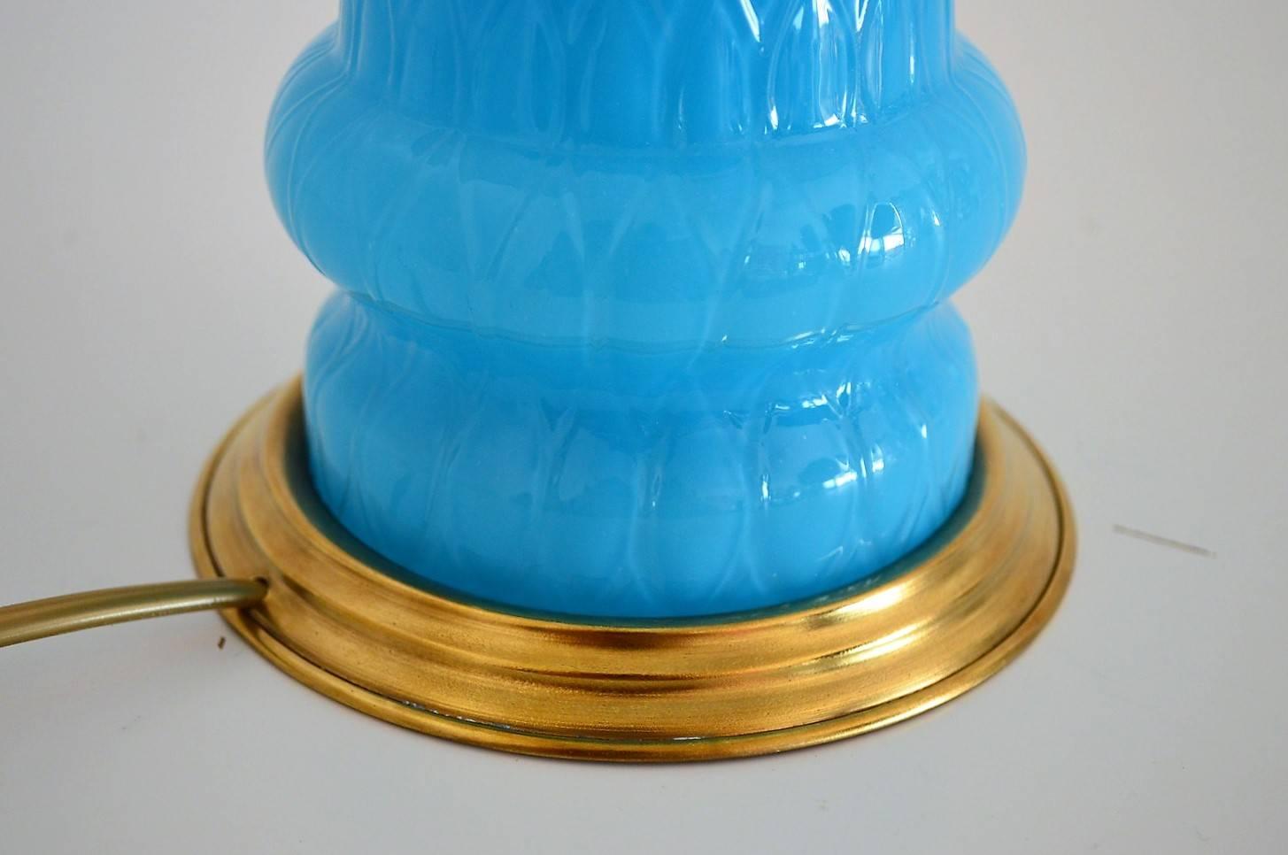 Mid-20th Century French Blue Opaline Glass Lamp with Brass Details, 1940s