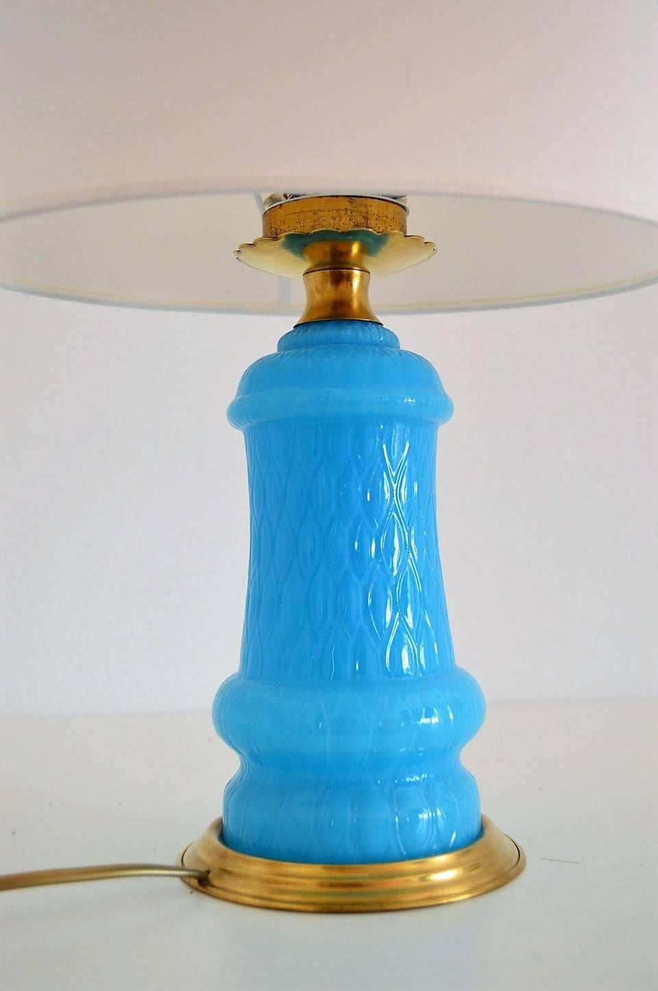 French Blue Opaline Glass Lamp with Brass Details, 1940s 2