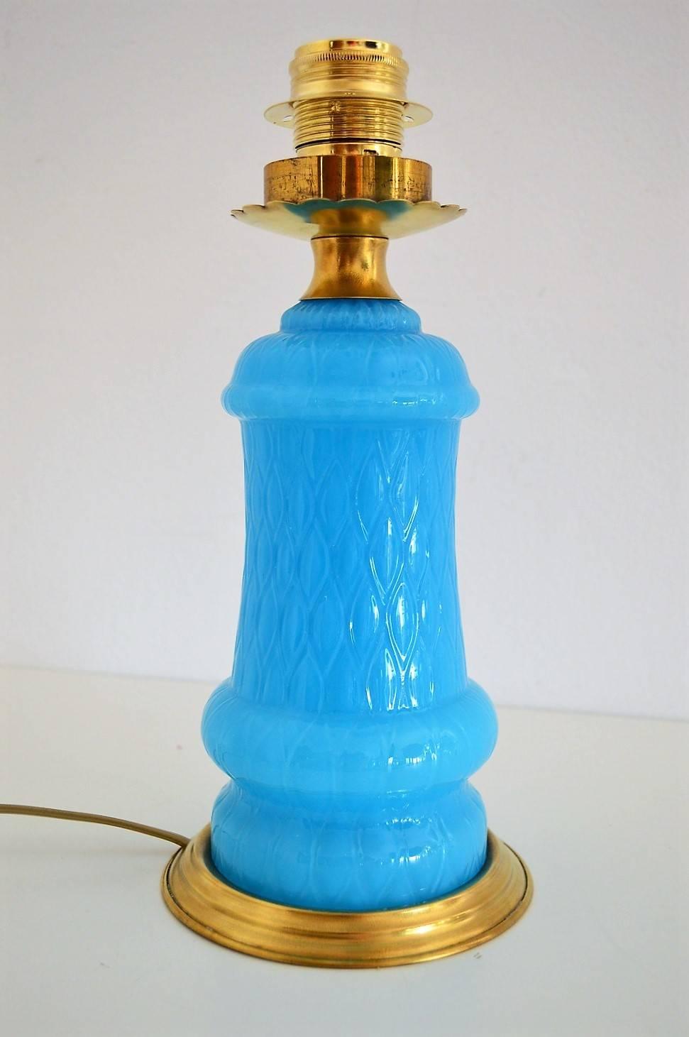French Blue Opaline Glass Lamp with Brass Details, 1940s 3