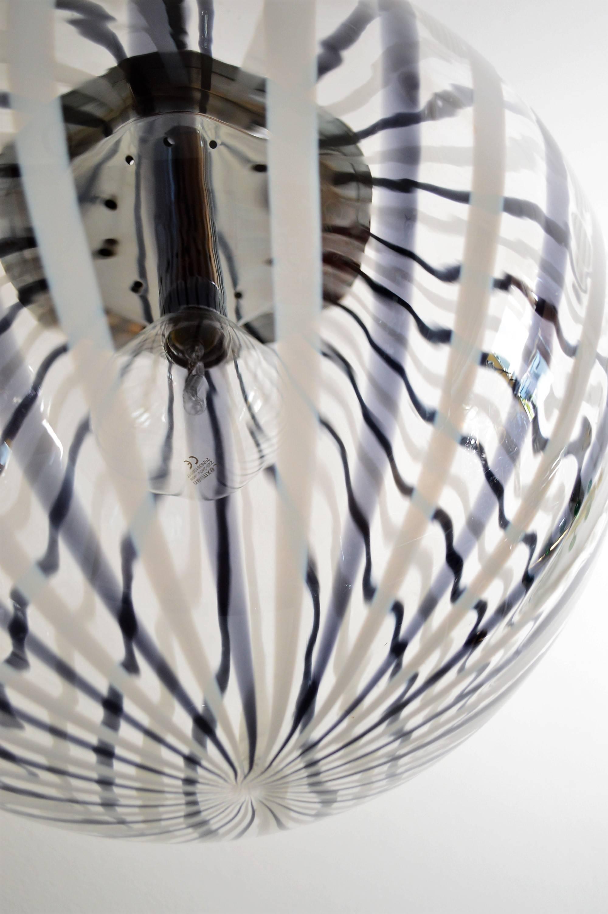 Hand-Crafted Murano Black and White Glass Globe Pendant Light, 1970s