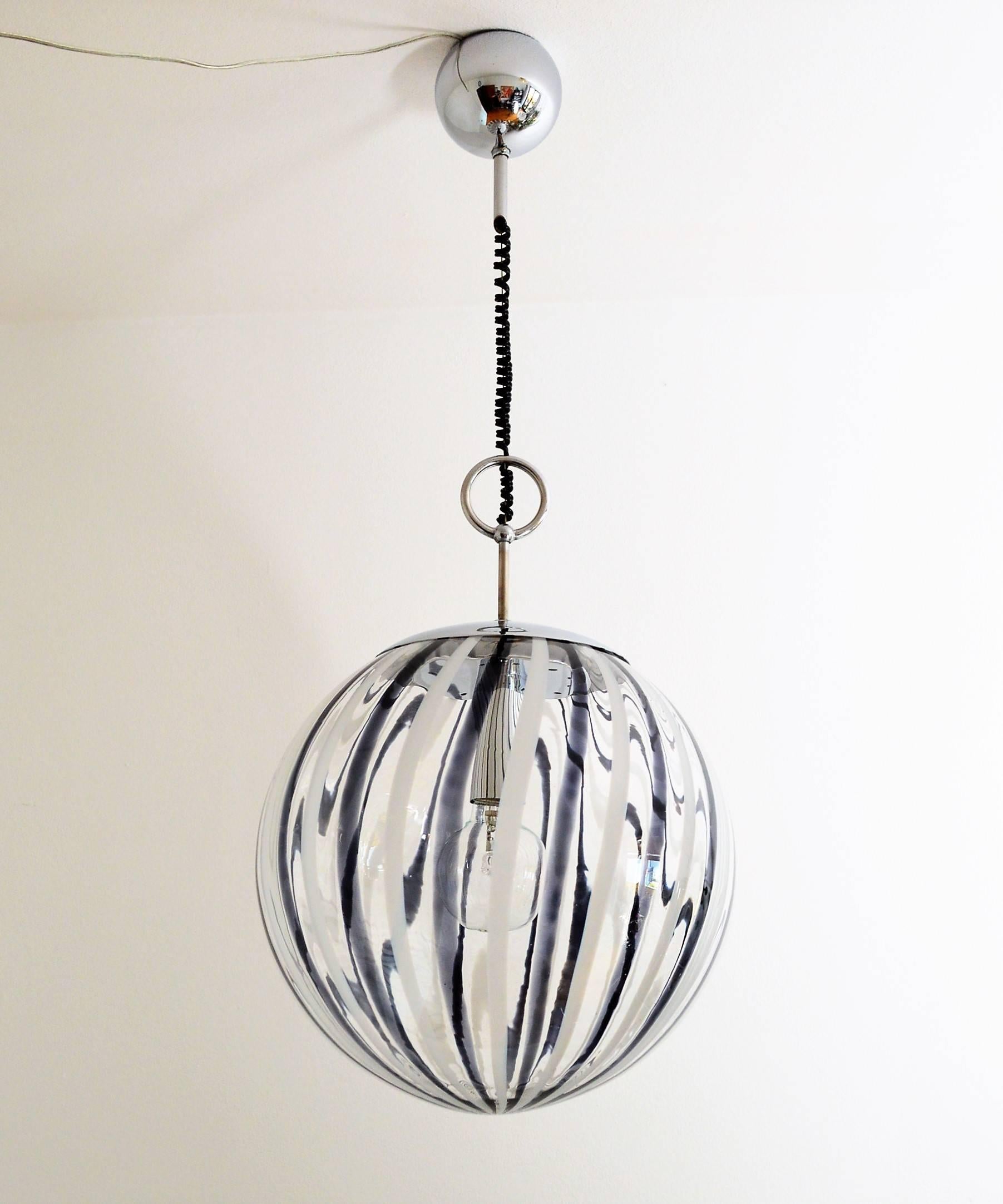 Murano Glass Murano Black and White Glass Globe Pendant Light, 1970s