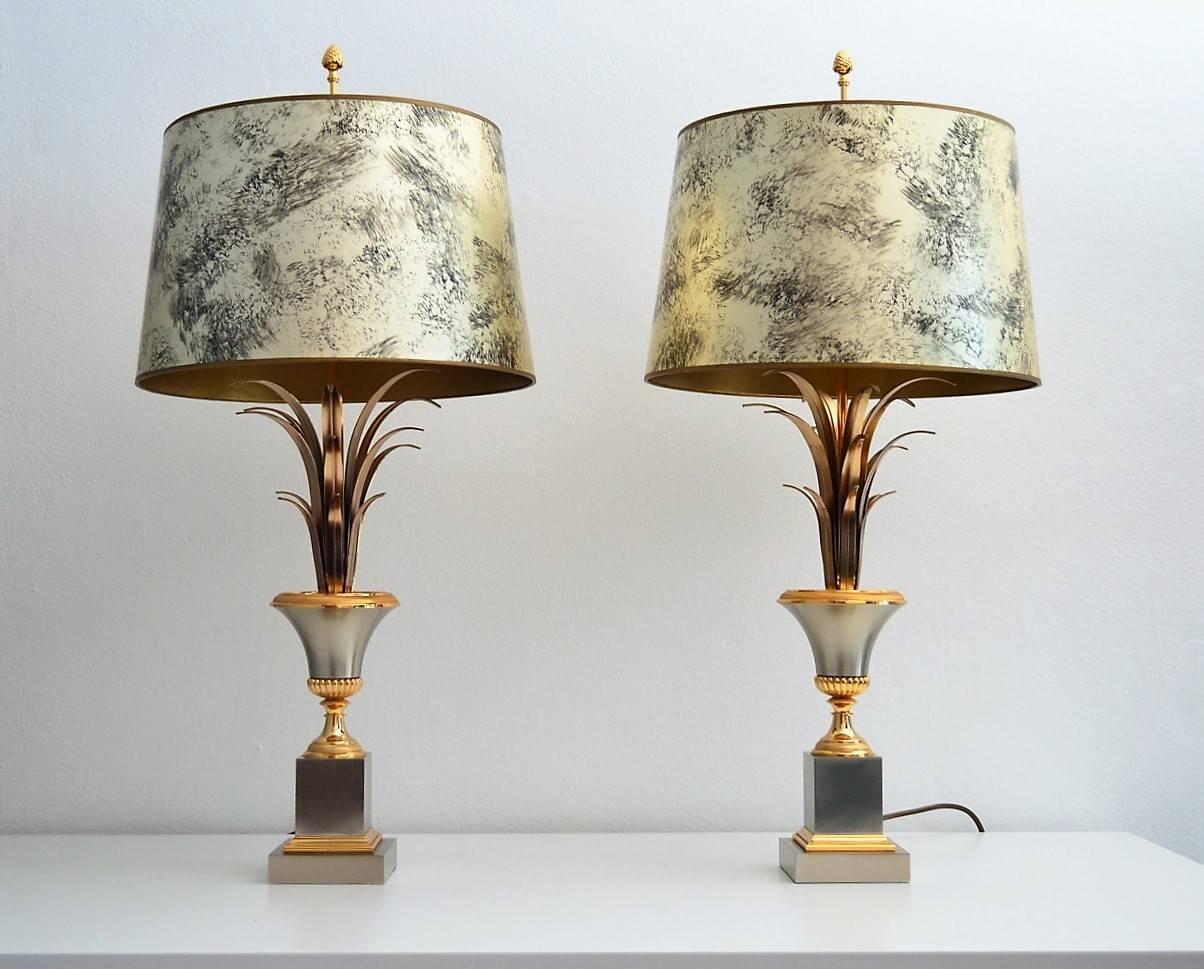 Fabric French Regency Palm Leaf Table Lamps by Maison Charles, 1960s