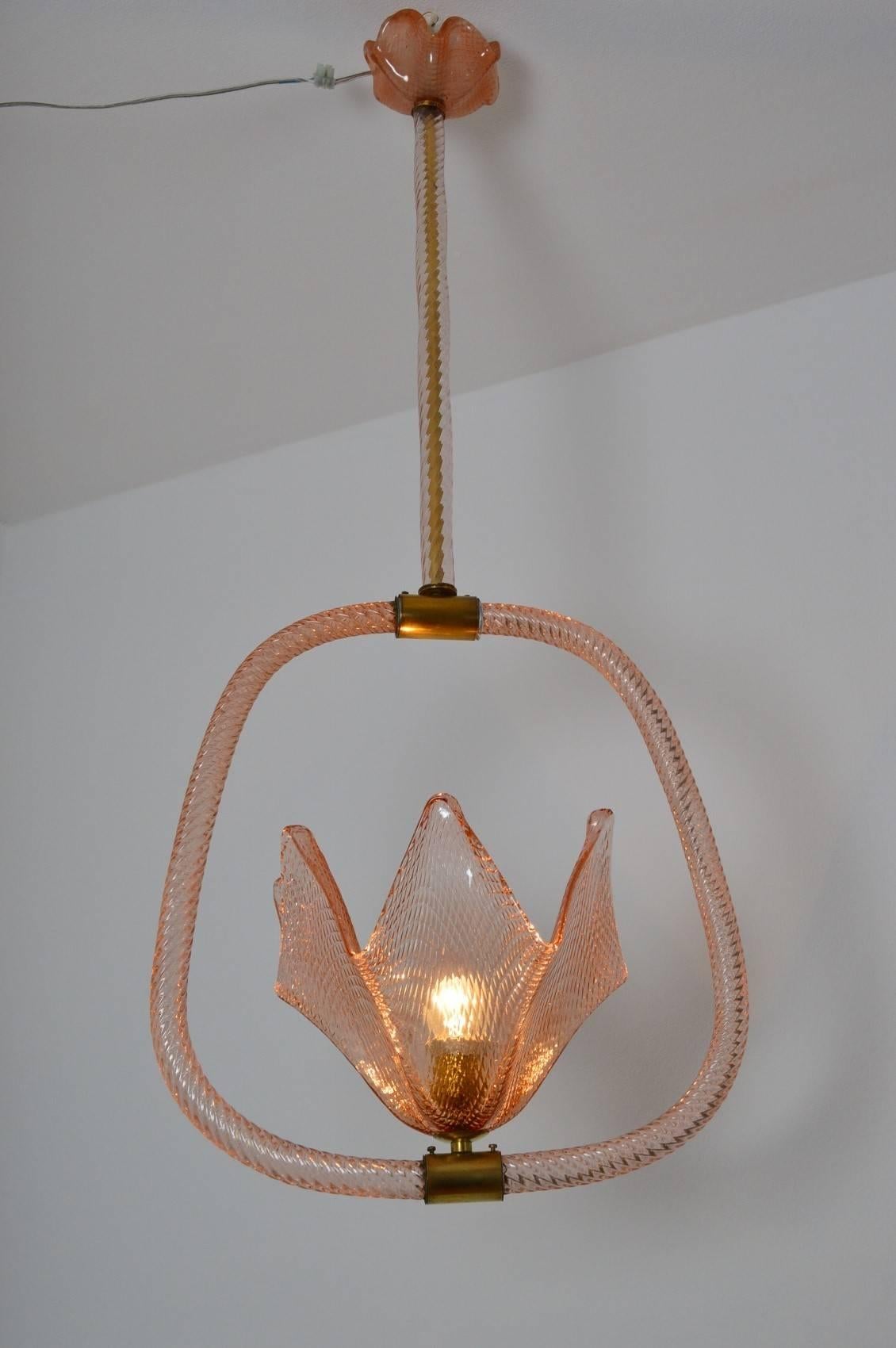 Art Deco Murano Glass and Brass Chandelier by Ercole Barovier, 1940s 3