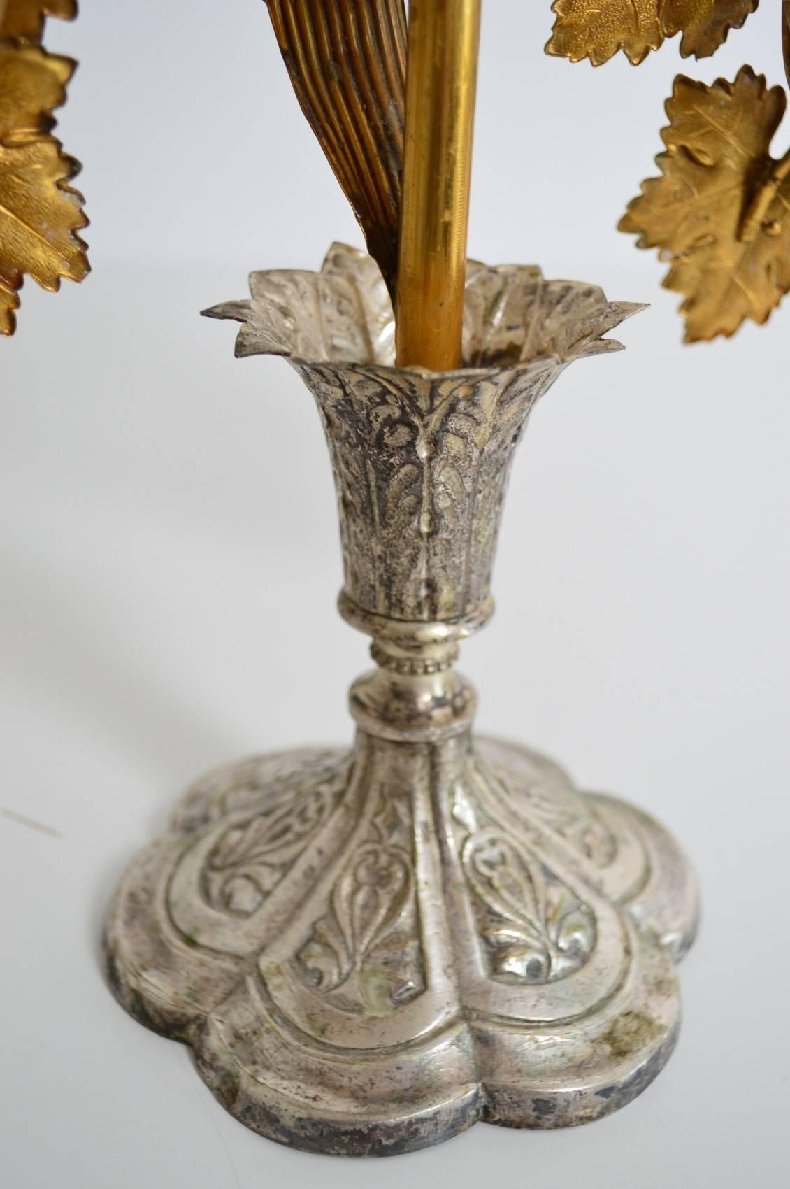 Gilt Antique Decorative Candlestick Holders with Flowers, Leafs and Wheat, 1890s