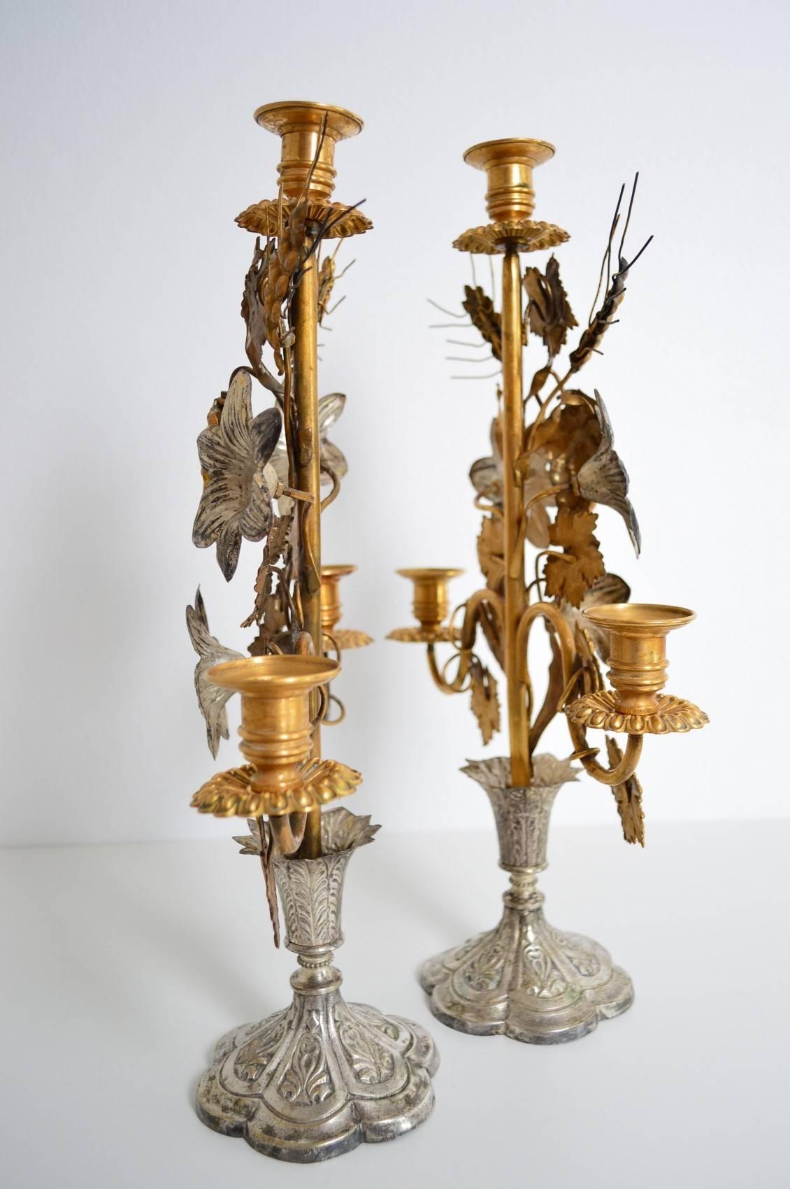Brass Antique Decorative Candlestick Holders with Flowers, Leafs and Wheat, 1890s
