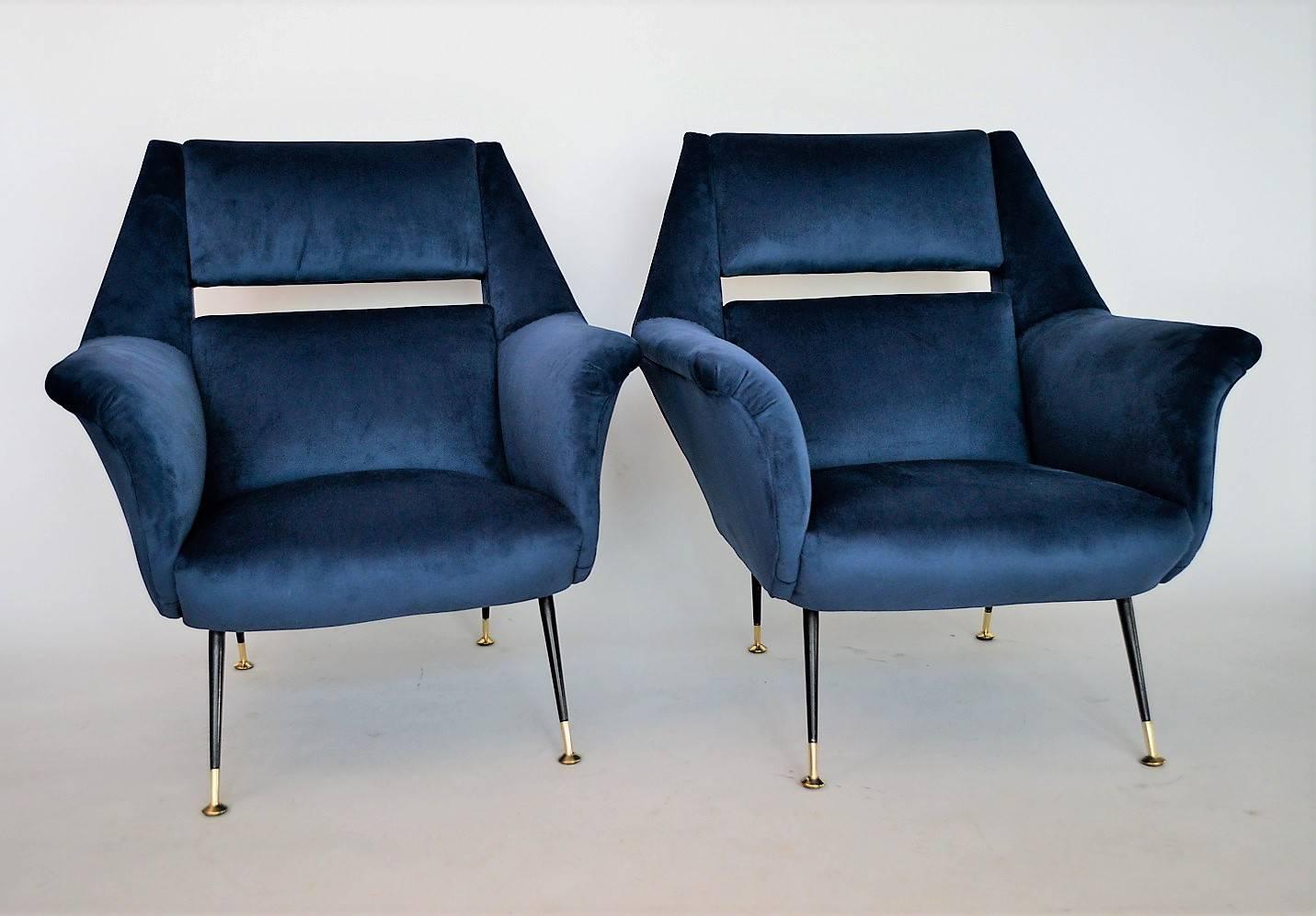 Brass Italian Mid-century Armchairs in Royal Blue Velvet by Gigi Radice for Minotti