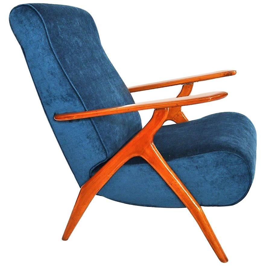 Antonio Gorgone Style Reclining Armchair Beechwood Velvet Reupholstered, 1950s