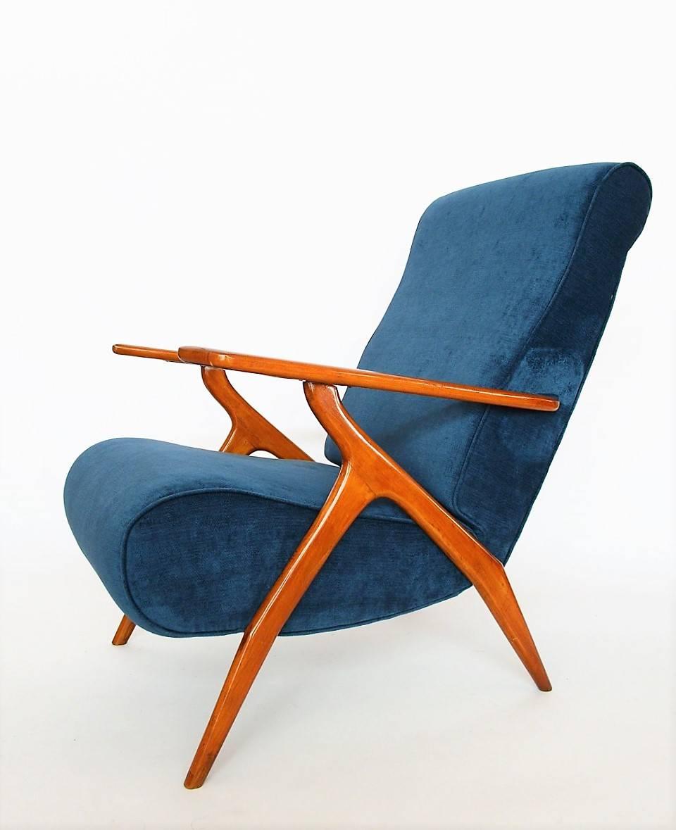 Mid-Century Modern Antonio Gorgone Style Reclining Armchair Beechwood Velvet Reupholstered, 1950s