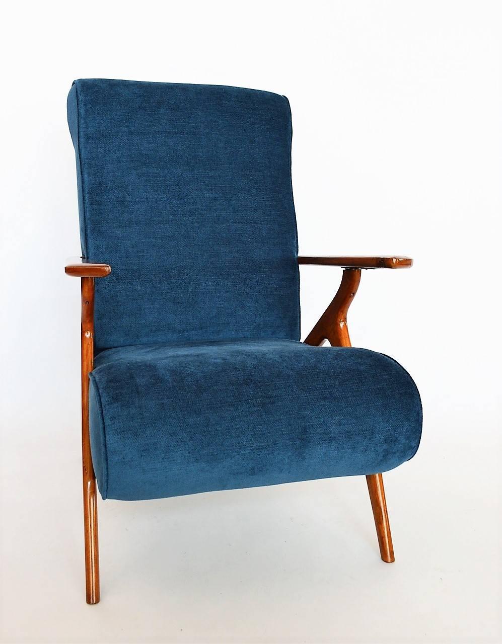 Italian Antonio Gorgone Style Reclining Armchair Beechwood Velvet Reupholstered, 1950s