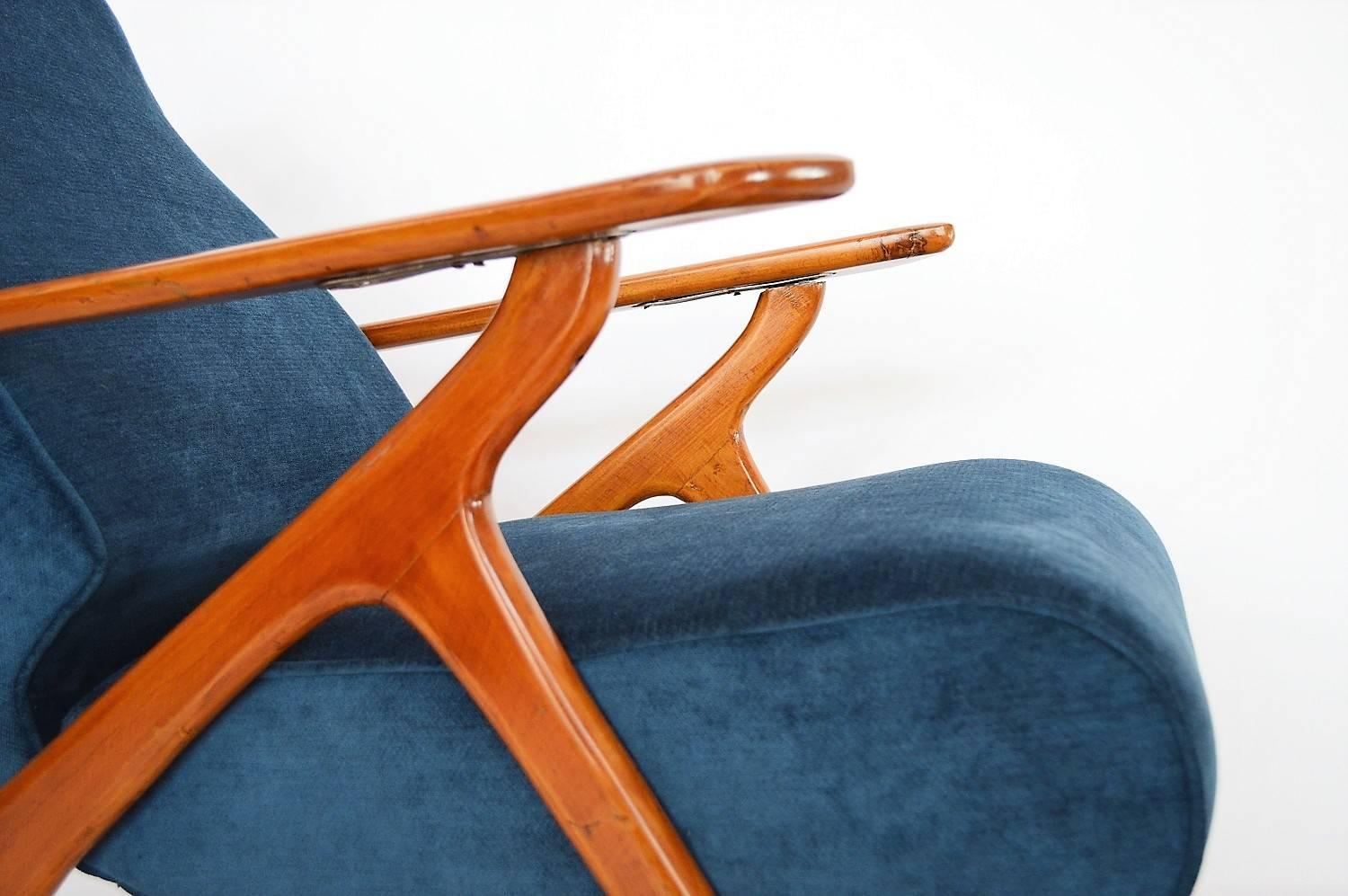 Antonio Gorgone Style Reclining Armchair Beechwood Velvet Reupholstered, 1950s 1