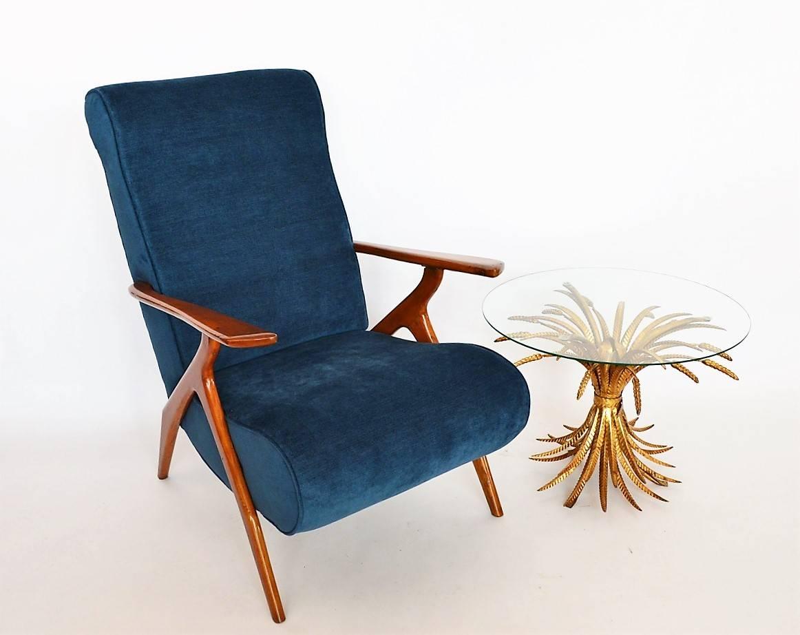 Antonio Gorgone Style Reclining Armchair Beechwood Velvet Reupholstered, 1950s 2