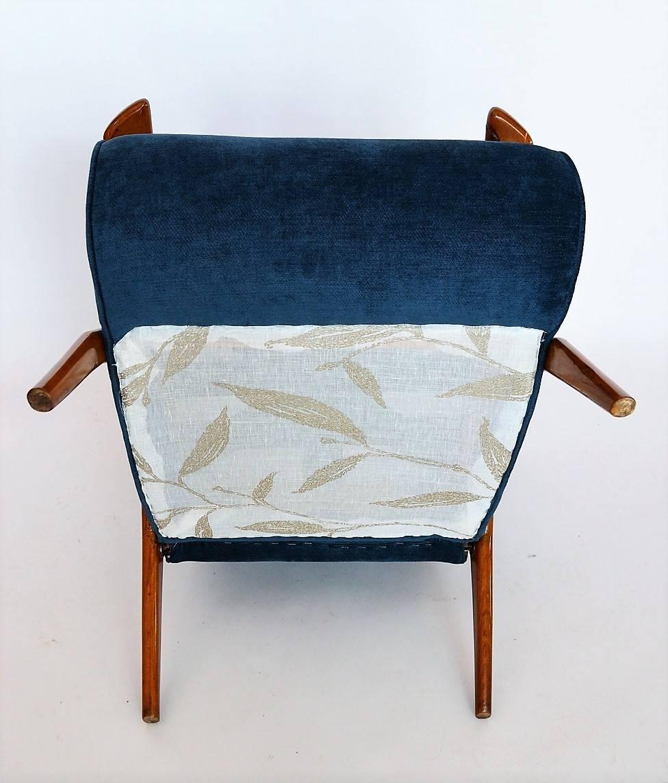 Antonio Gorgone Style Reclining Armchair Beechwood Velvet Reupholstered, 1950s 3