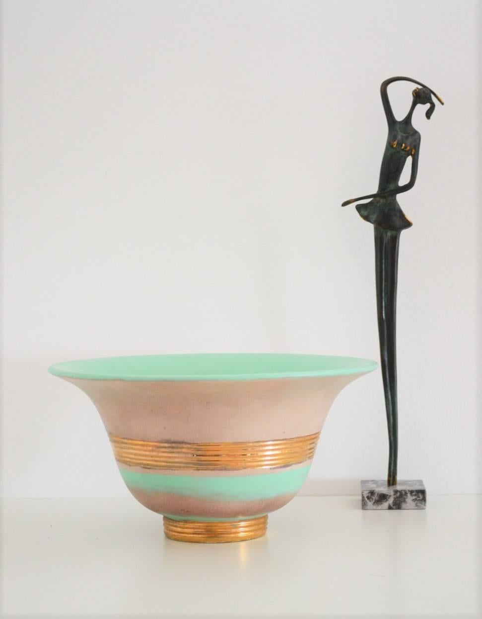 Italian Art Deco Hand Painted Green and Gilt Ceramic Bowl for Richard Ginori, 1930s