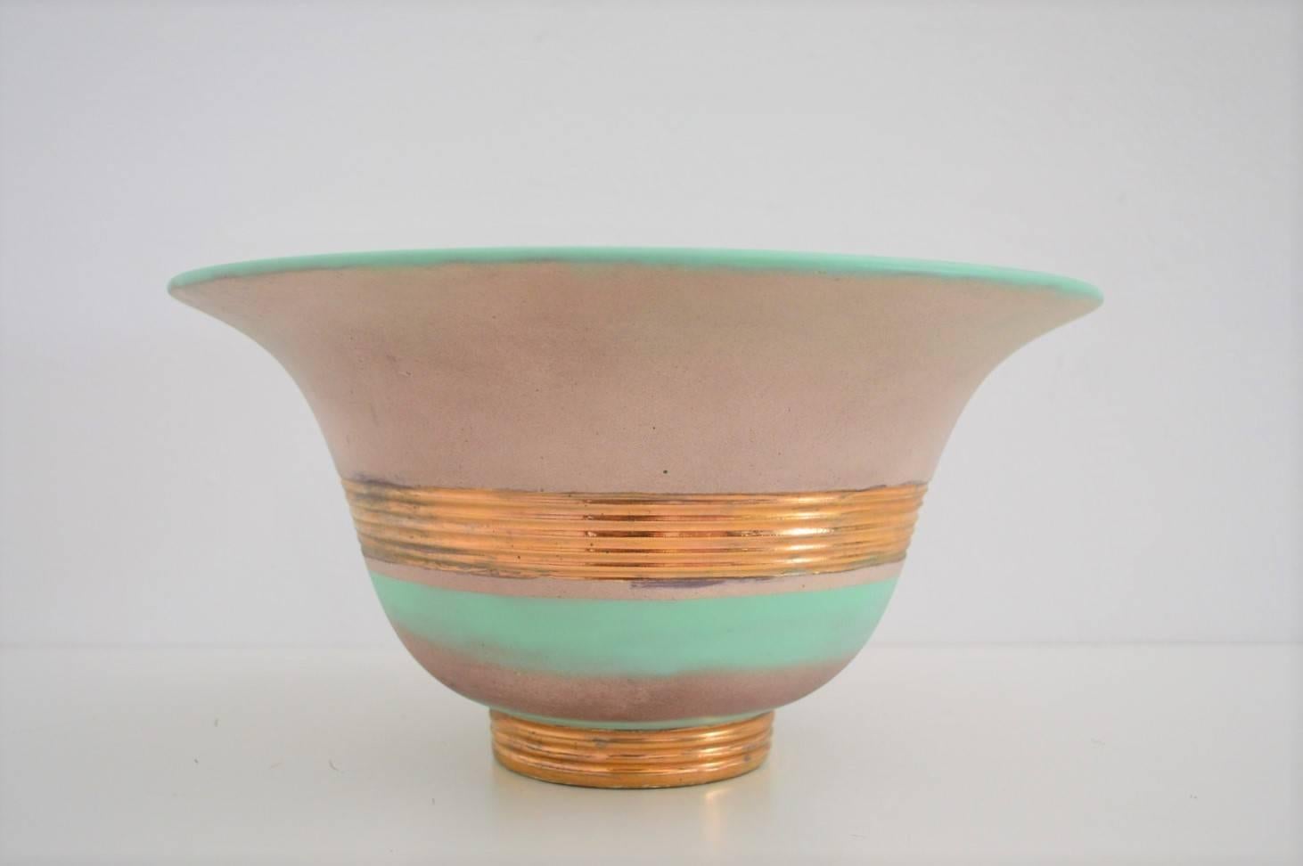 Art Deco Hand Painted Green and Gilt Ceramic Bowl for Richard Ginori, 1930s 2