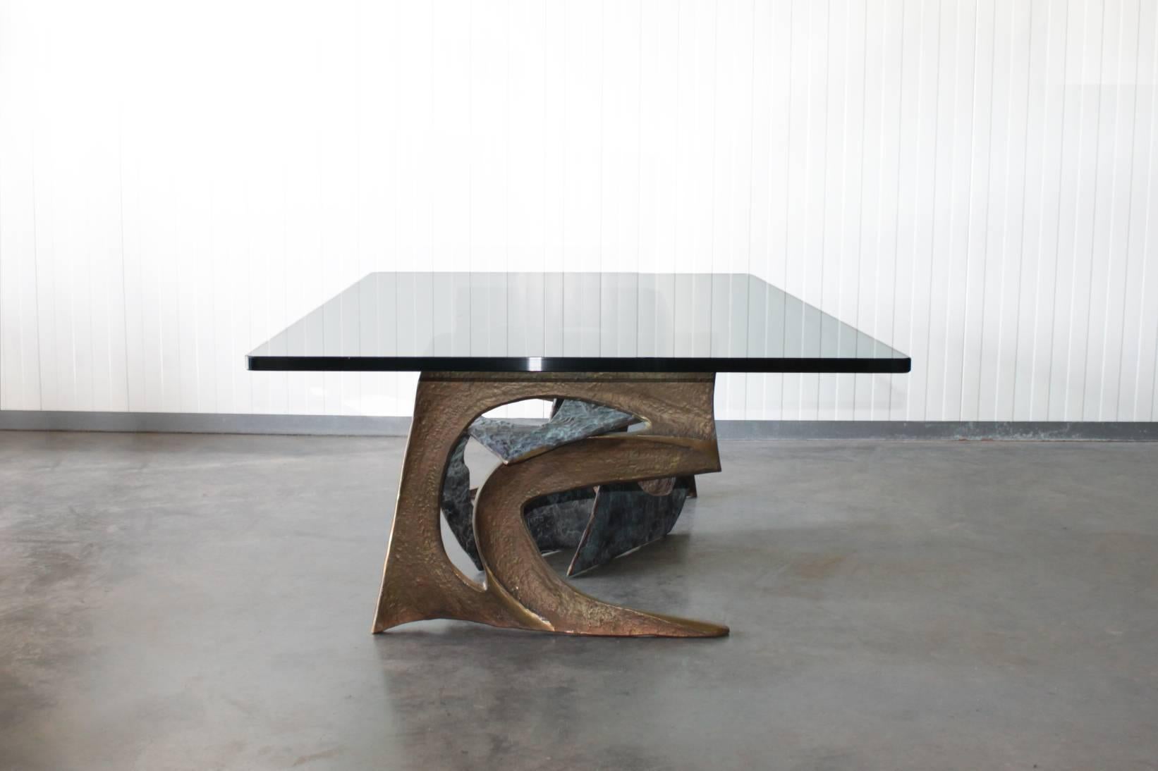 Unknown Brutalist Sculptural Bronze Coffee Table with Glass Top