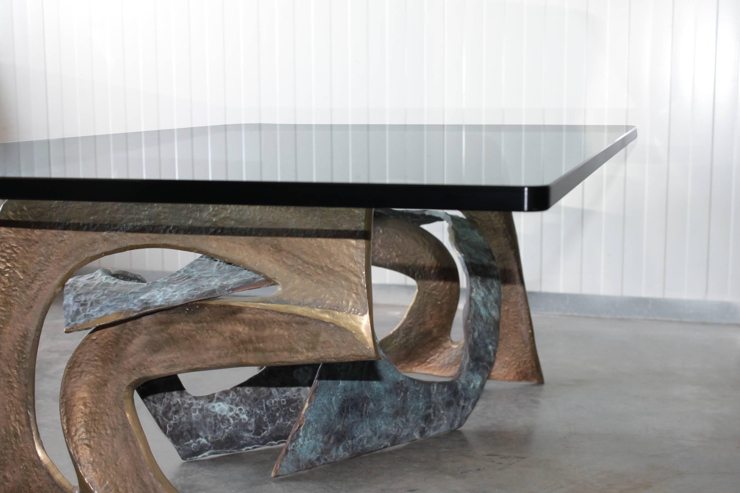 Late 20th Century Brutalist Sculptural Bronze Coffee Table with Glass Top