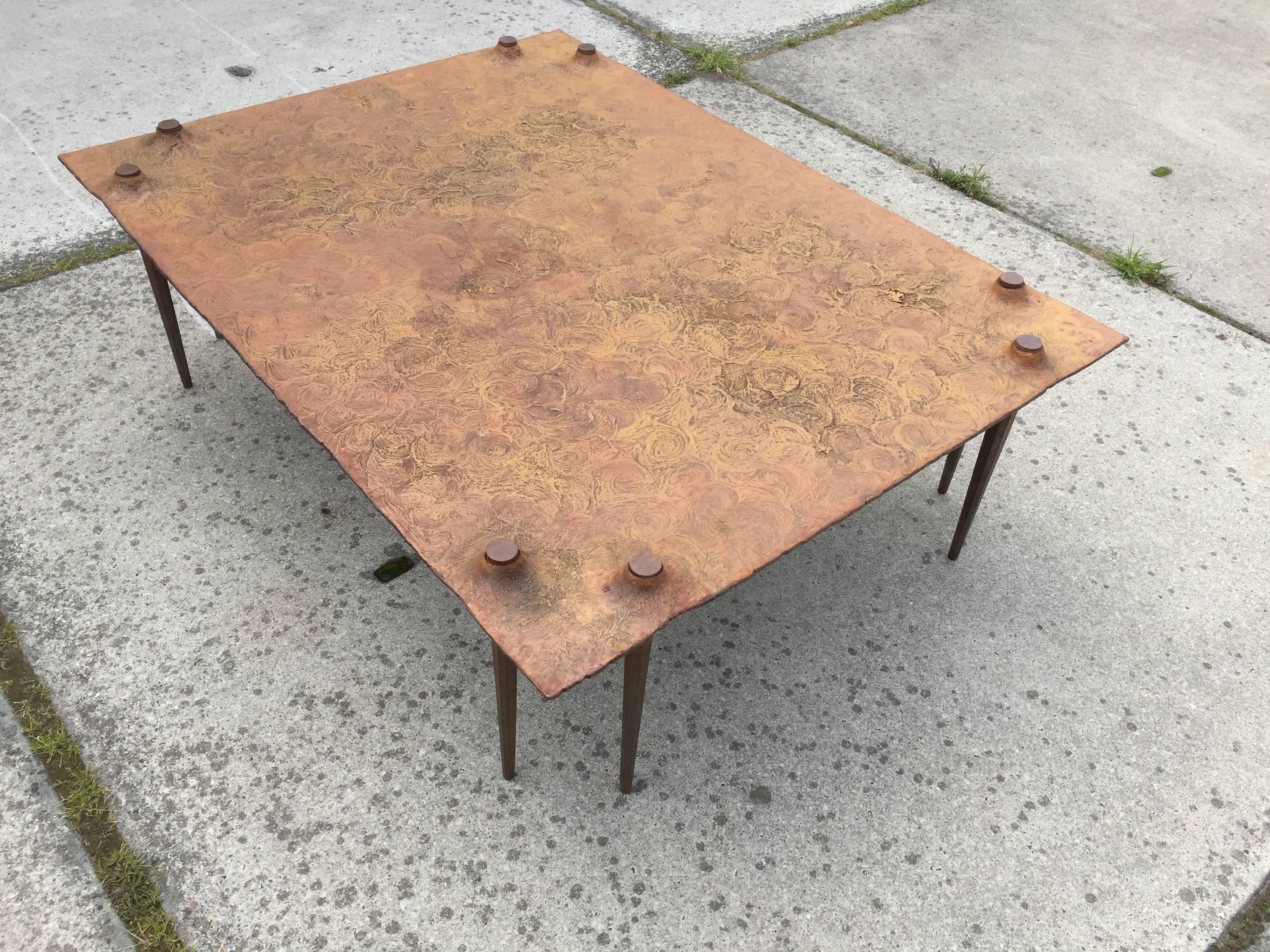Fantastic shaped Brutalist coffee table by Idir Mecibah (1958-2013), produced by Smederij Moerman, 1998. This table is from the scrub series designed in the end of the 1980s and produced till the end of the 1990s. The table is made of solid steel
