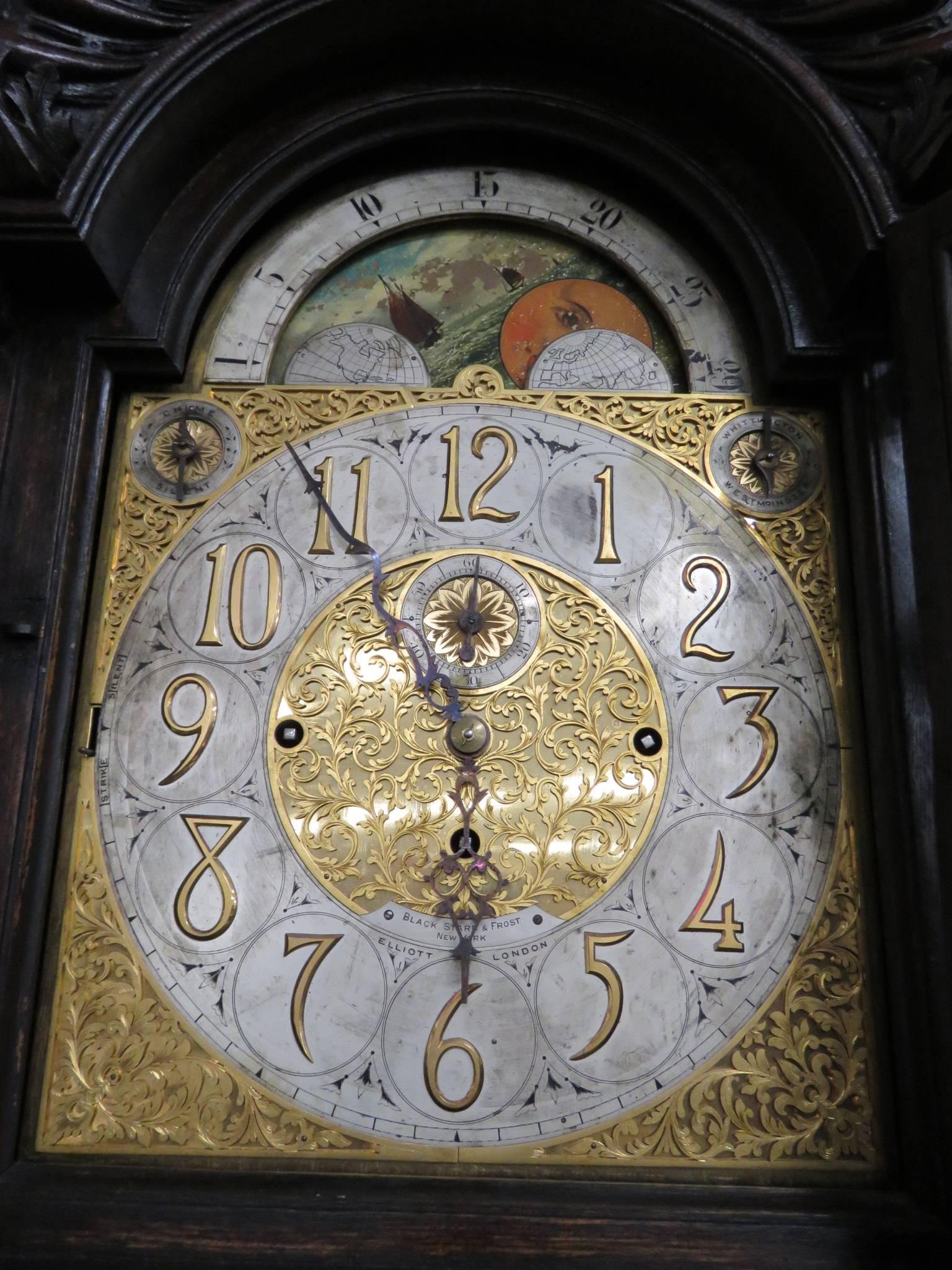 Antique Elliott of London Nine-Tube Figural Carved Tall Case Clock 1