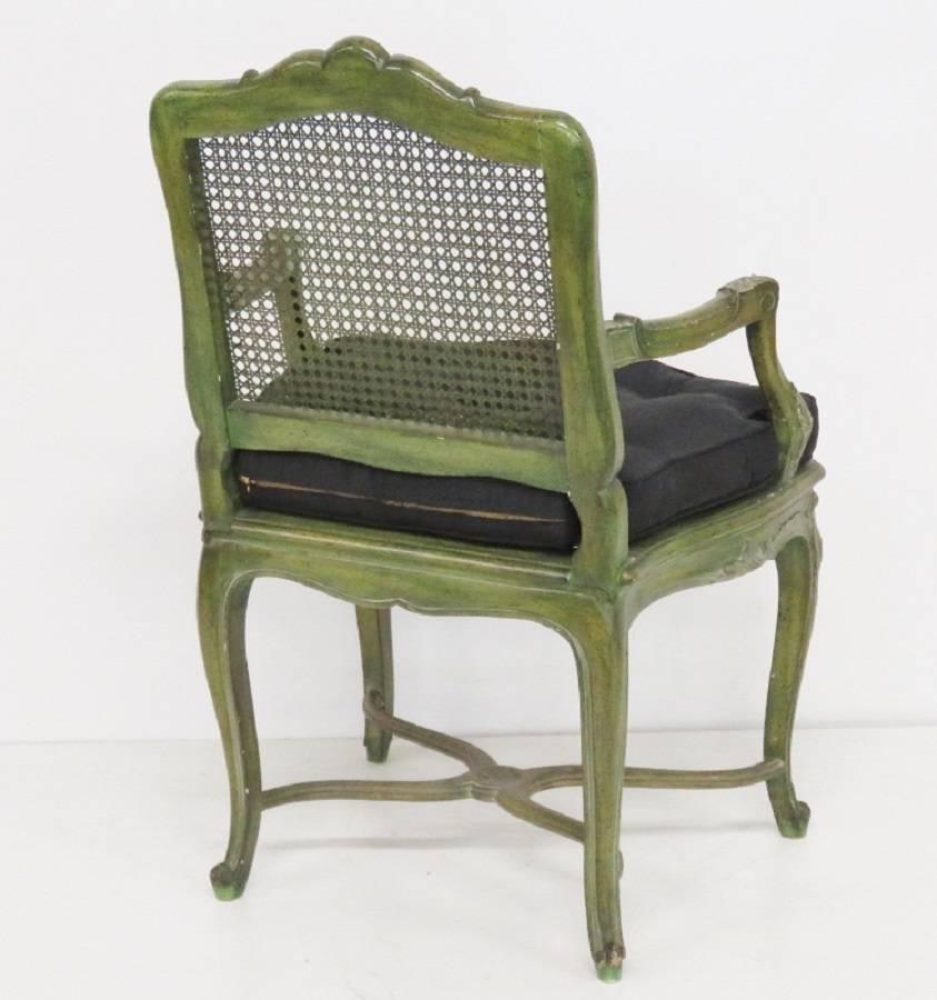 20th Century Pair of French Louis XVI Style Green Painted Caned Armchairs