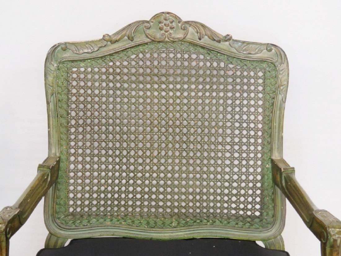 Pair of French Louis XVI Style Green Painted Caned Armchairs 2