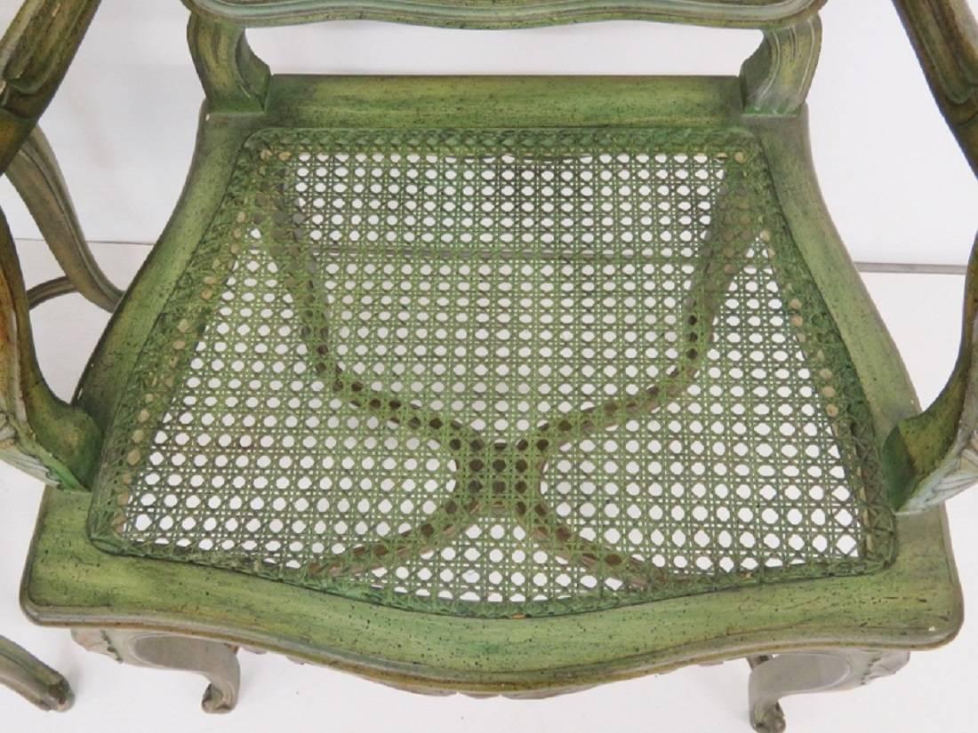 Pair of French Louis XVI Style Green Painted Caned Armchairs 1