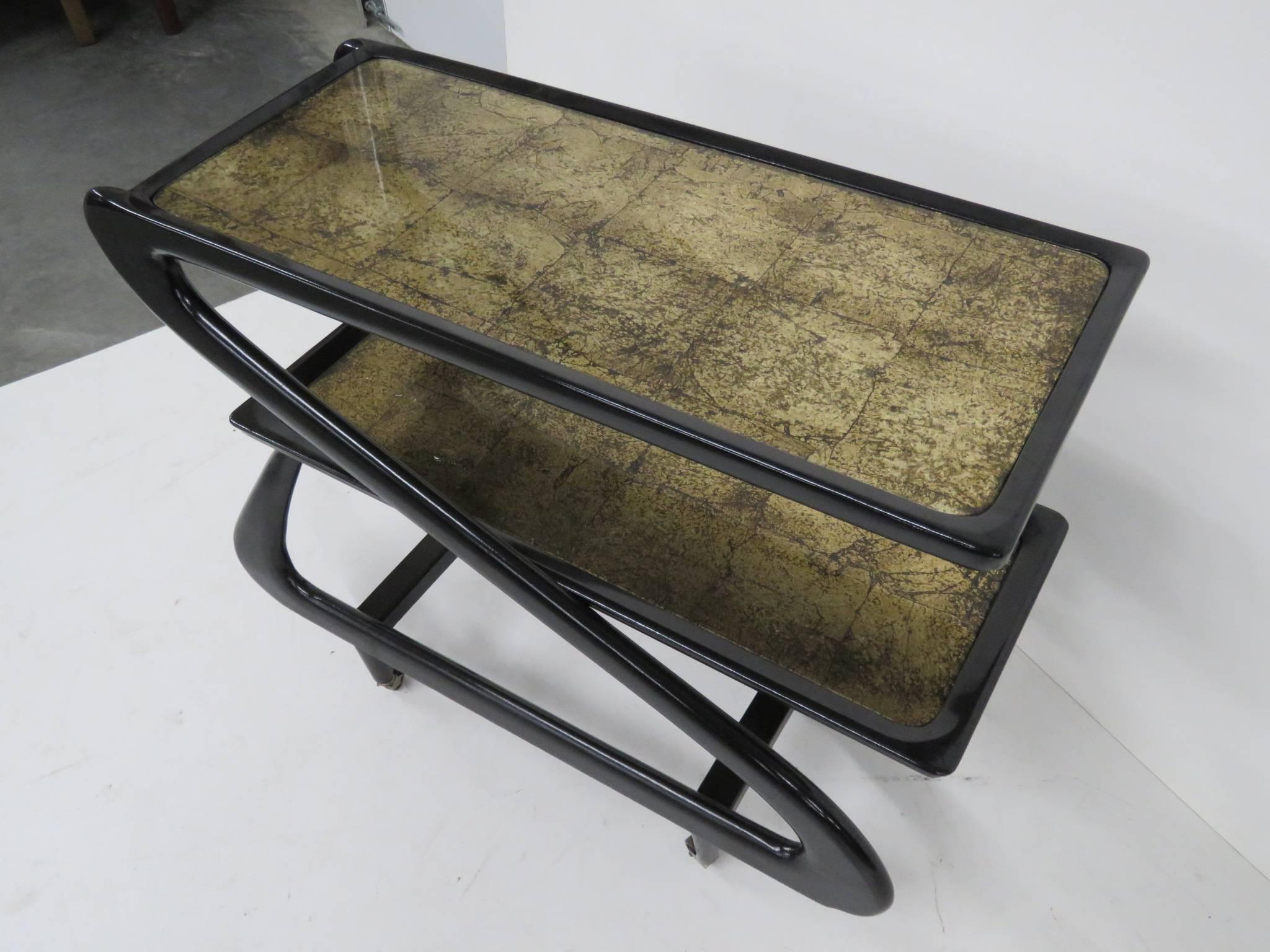 Zanuso Style Ebonized and Gold Leaf Bar Cart In Excellent Condition In Swedesboro, NJ