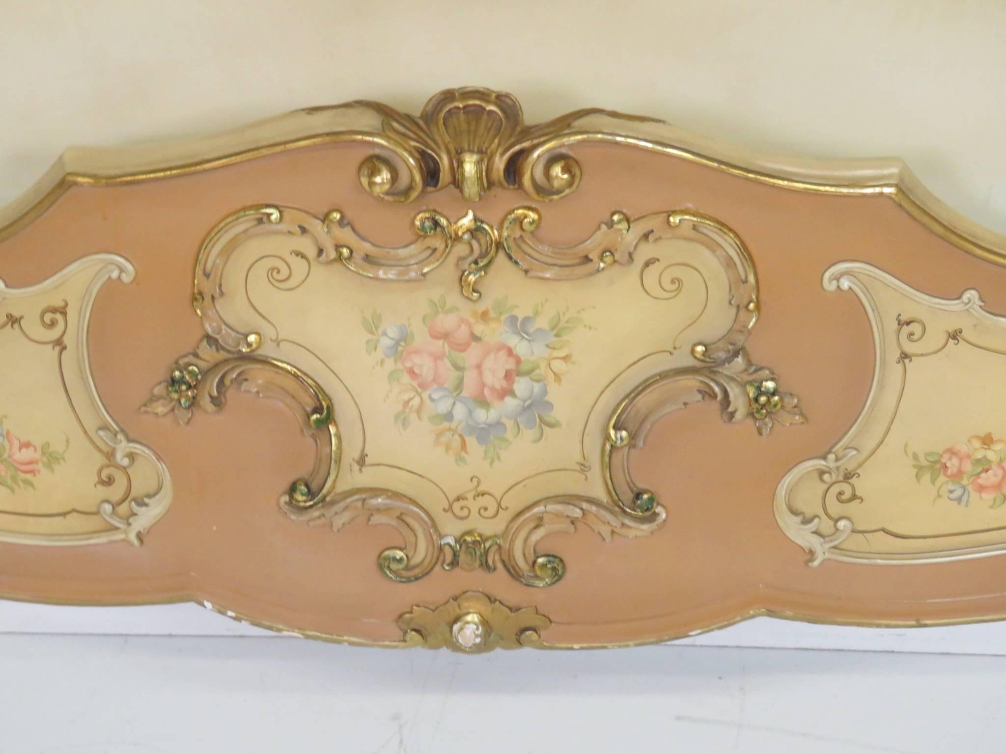 This is a larger than queen size bed. This bed is Italian so it has European dimensions. Can be made to work as a queen or small King Size bed with adjustments by a cabinet-maker.Painted with gilt highlights.