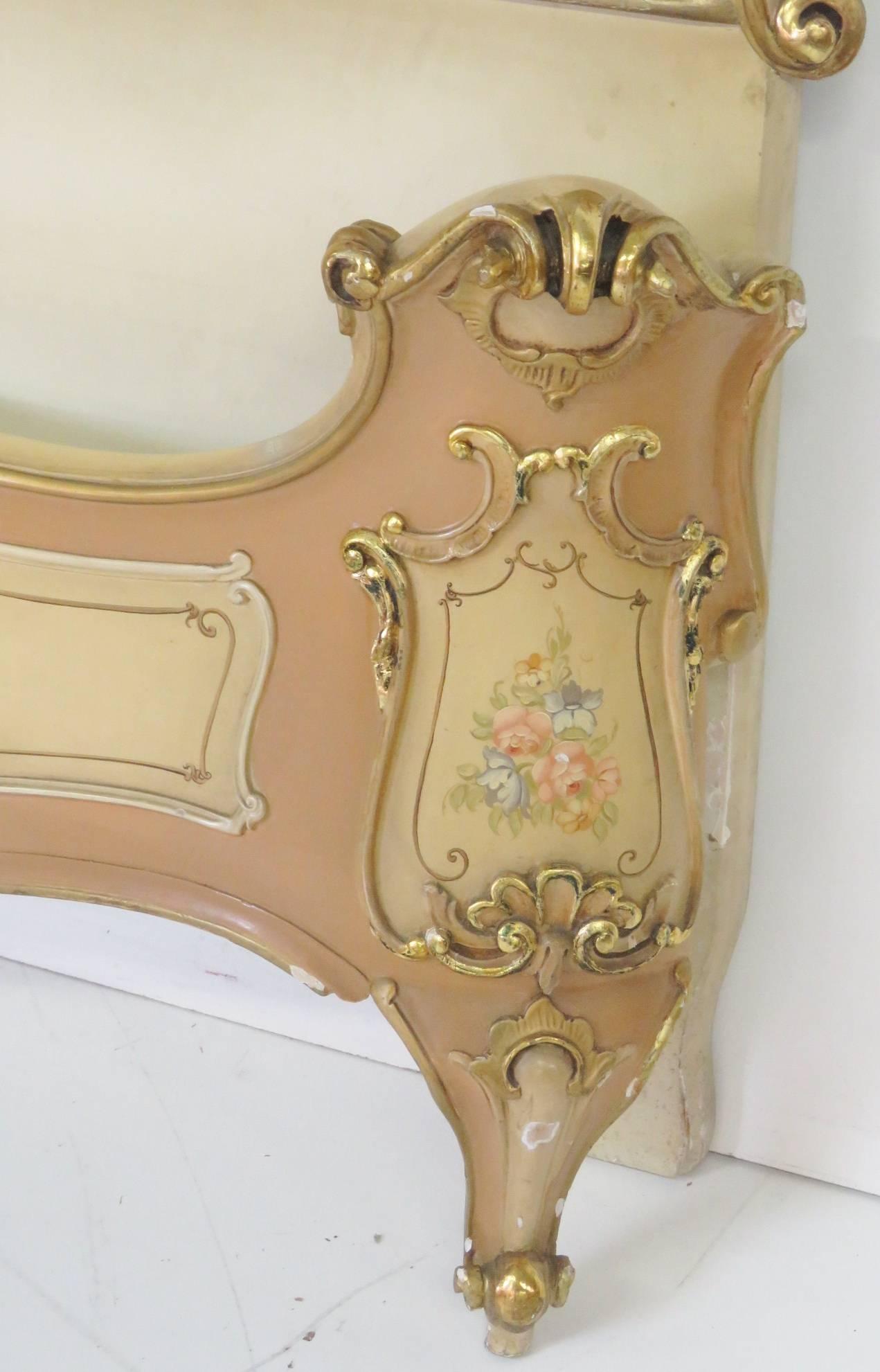 Carved Rococo Venetian Style Paint Decorated Larger Queen Size Bed In Good Condition In Swedesboro, NJ