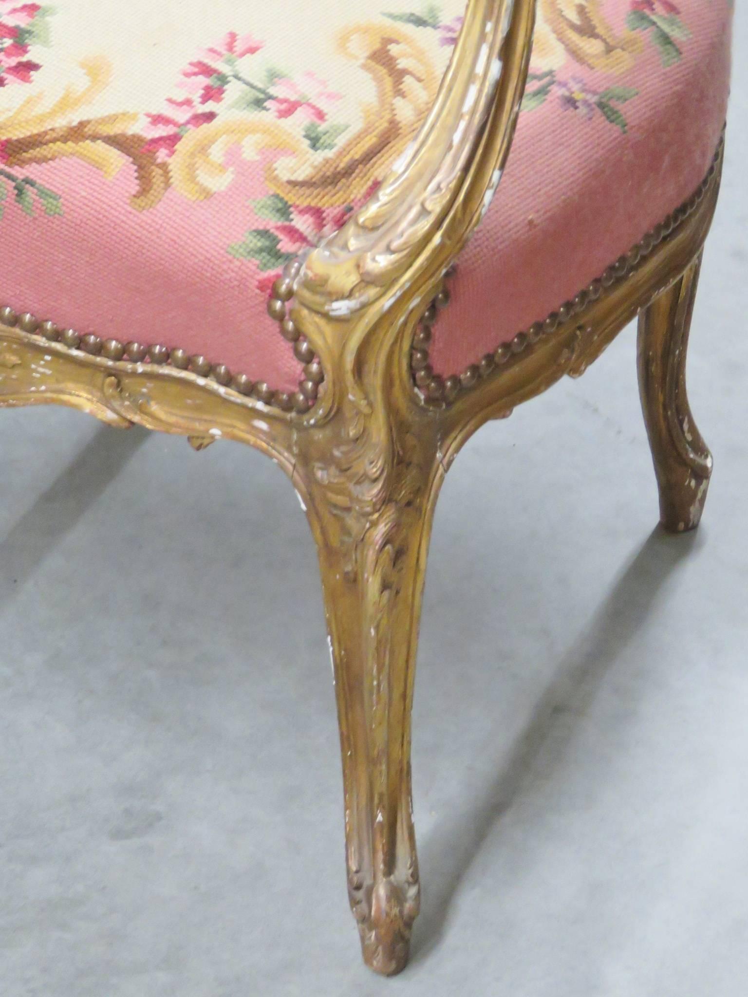 Pair of Louis XVI Style Gilt Painted Aubusson Fauteuils In Good Condition In Swedesboro, NJ
