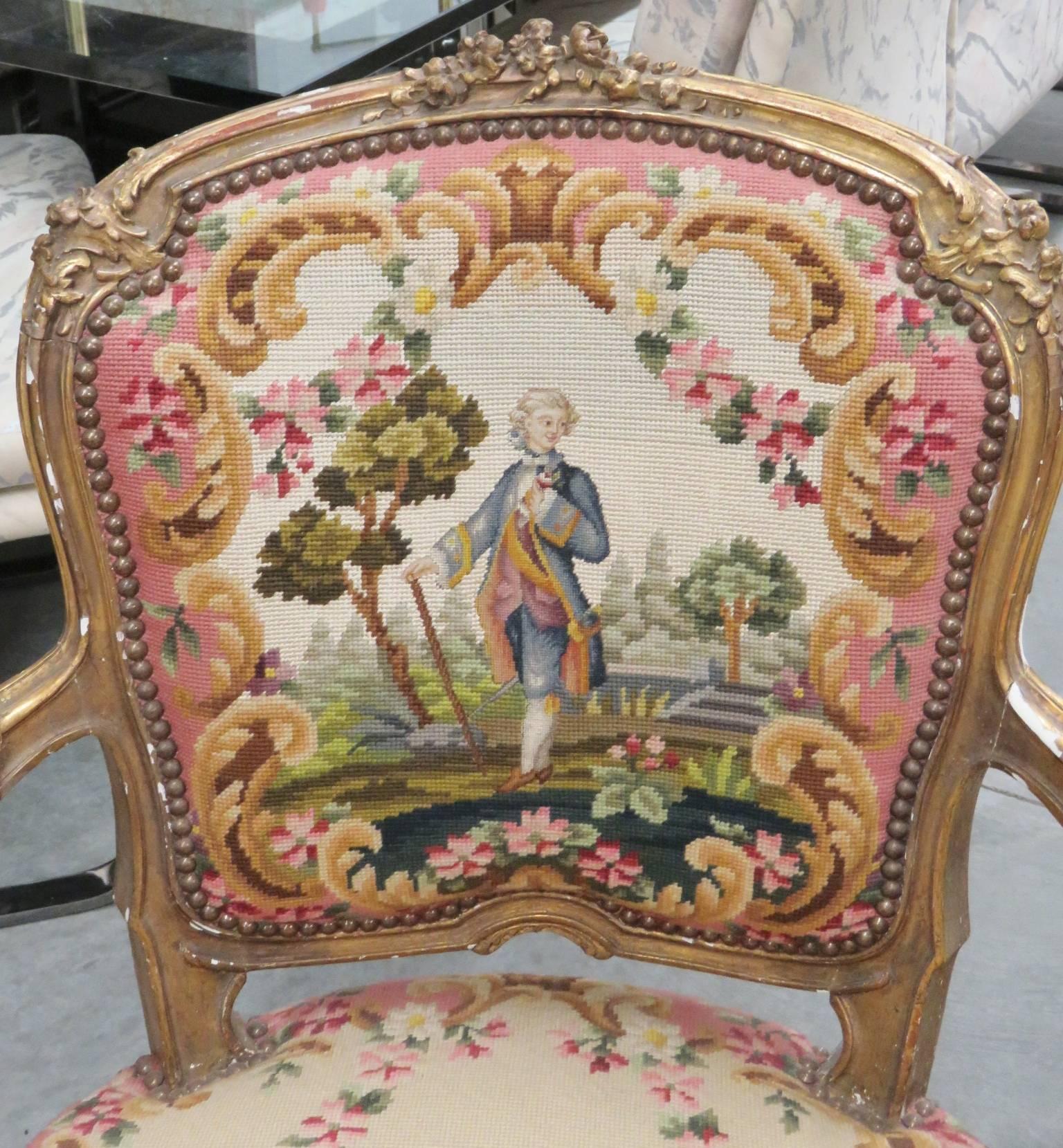 Pair of Louis XVI Style Gilt Painted Aubusson Fauteuils 2