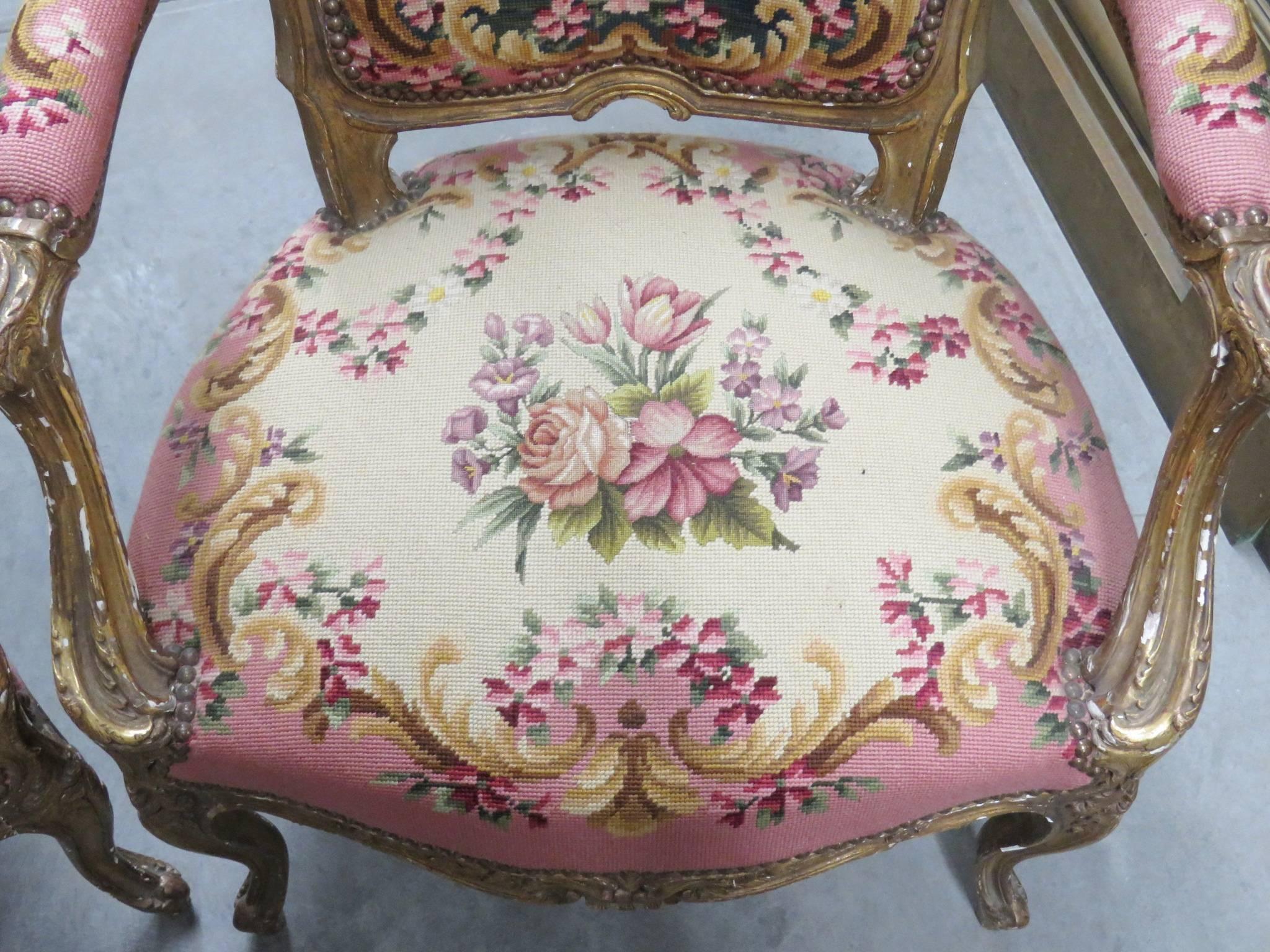 Pair of Louis XVI Style Gilt Painted Aubusson Fauteuils 1