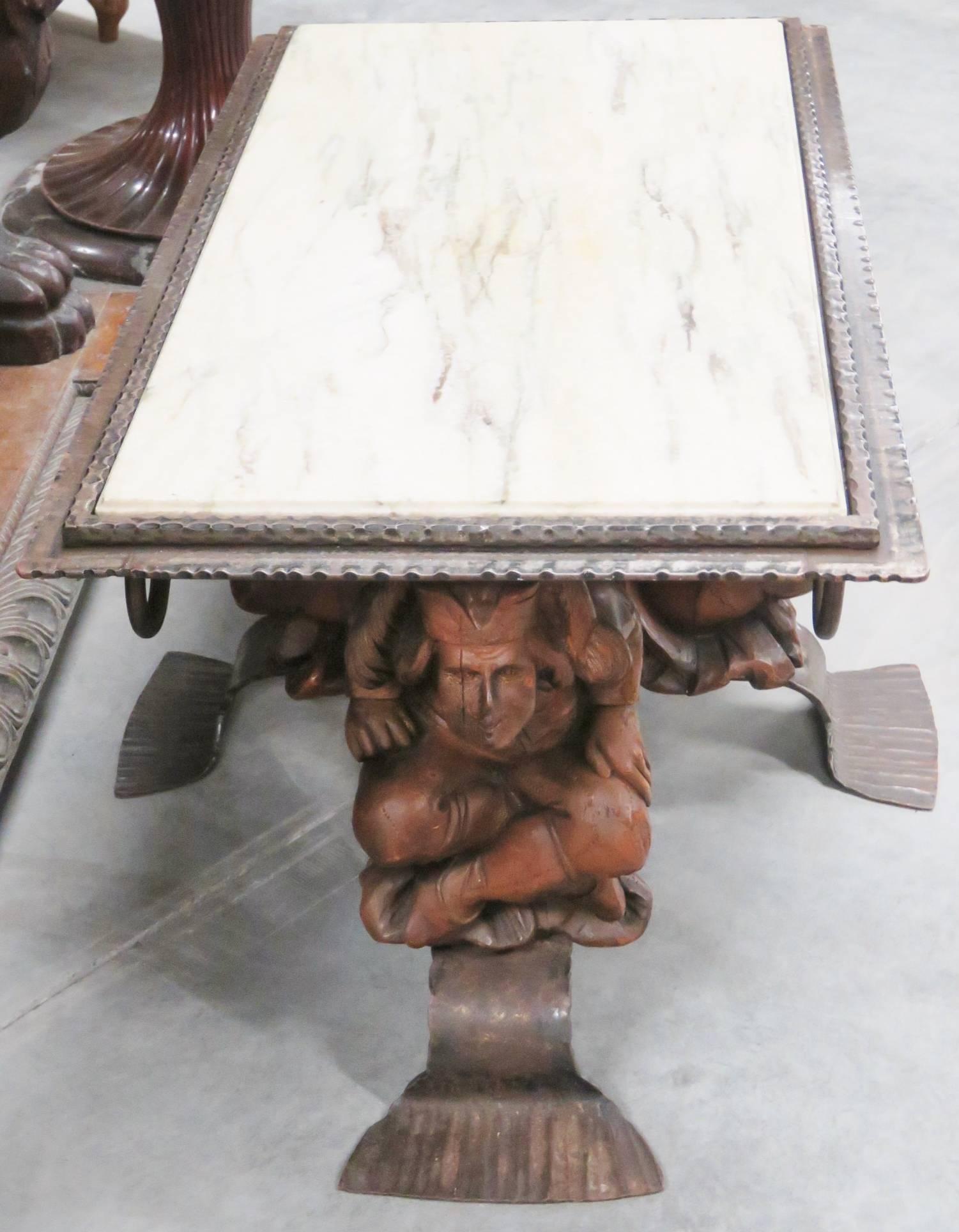 French Figural Carved Court Jester Marble & Bronze Rectangular Coffee Table