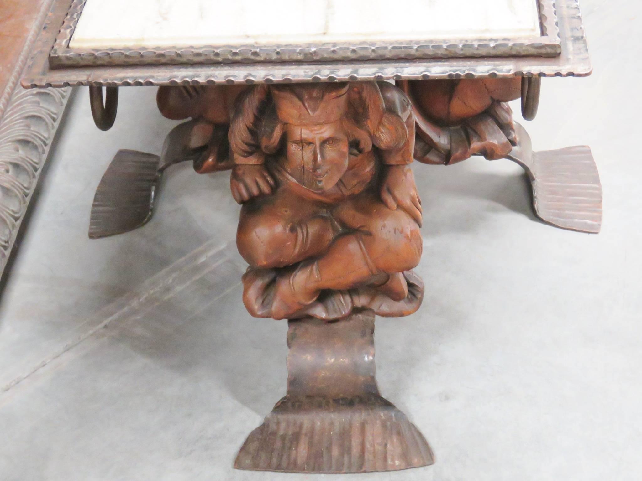 Forged Figural Carved Court Jester Marble & Bronze Rectangular Coffee Table