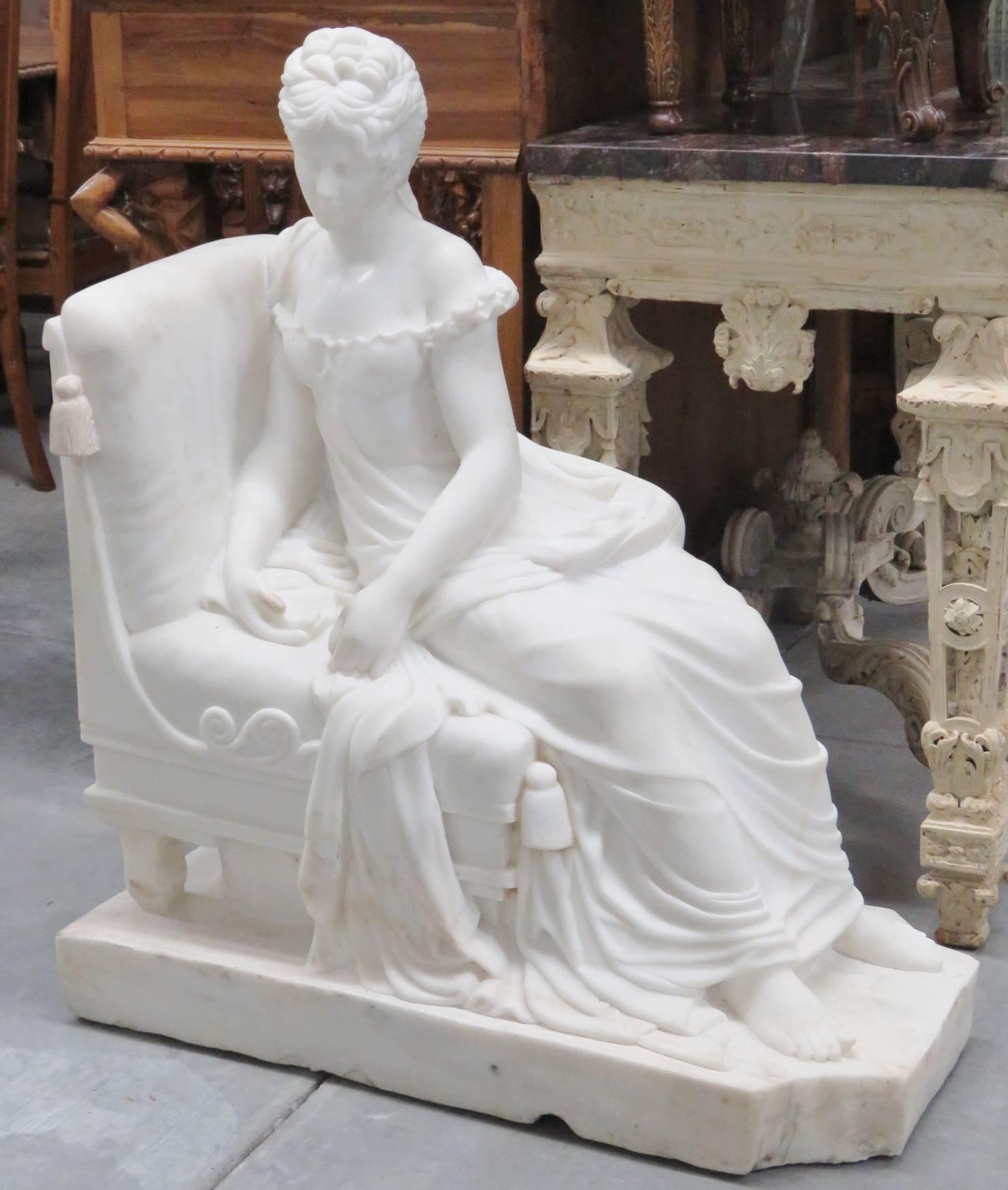 Large French 19th Century Carrara Marble Statue Reclining Lady in Period Dress 4