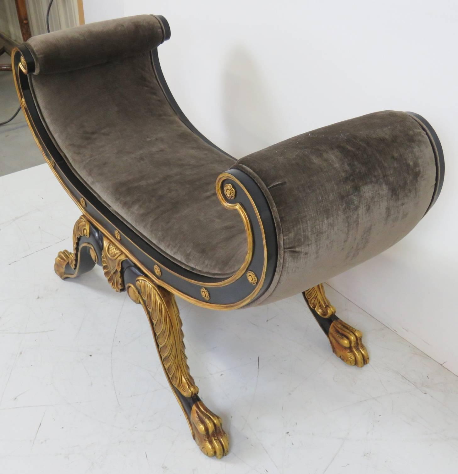 Large Oversized Gondola Form Renaissance Revival Style Ebonized and Gilt Bench In Good Condition In Swedesboro, NJ