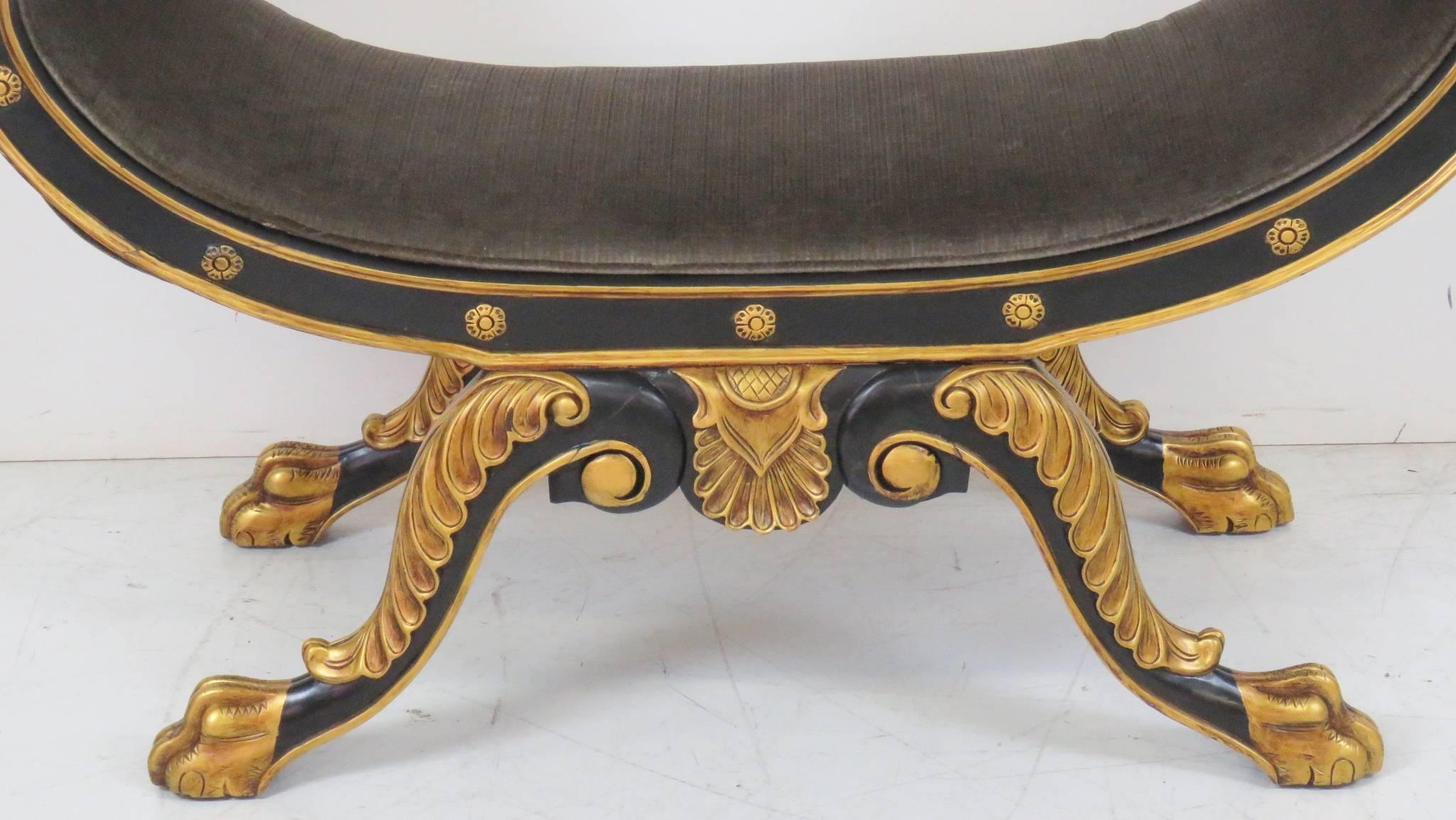 20th Century Large Oversized Gondola Form Renaissance Revival Style Ebonized and Gilt Bench