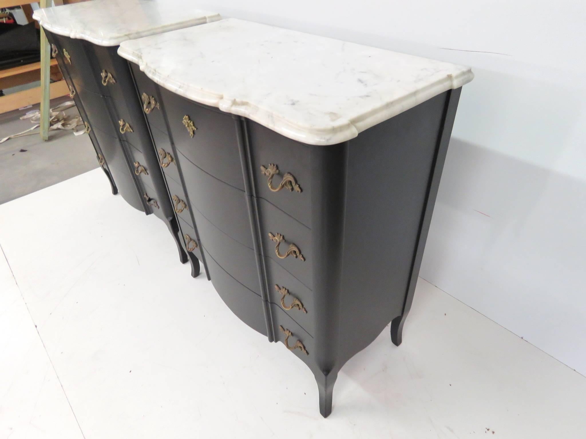 20th Century Pair of Custom Ebonized Marble-Top Commodes Attributed to Jansen