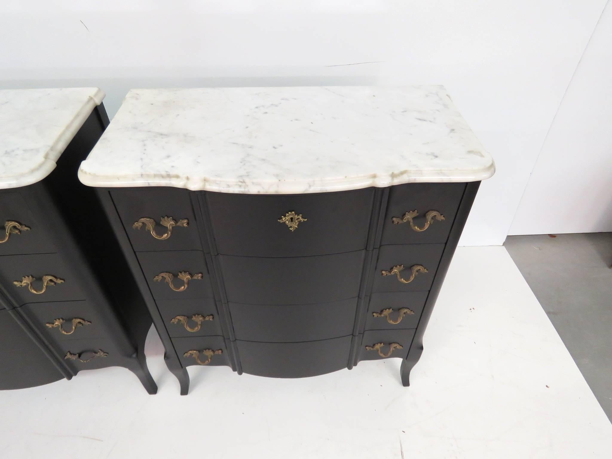 Pair of Custom Ebonized Marble-Top Commodes Attributed to Jansen 1