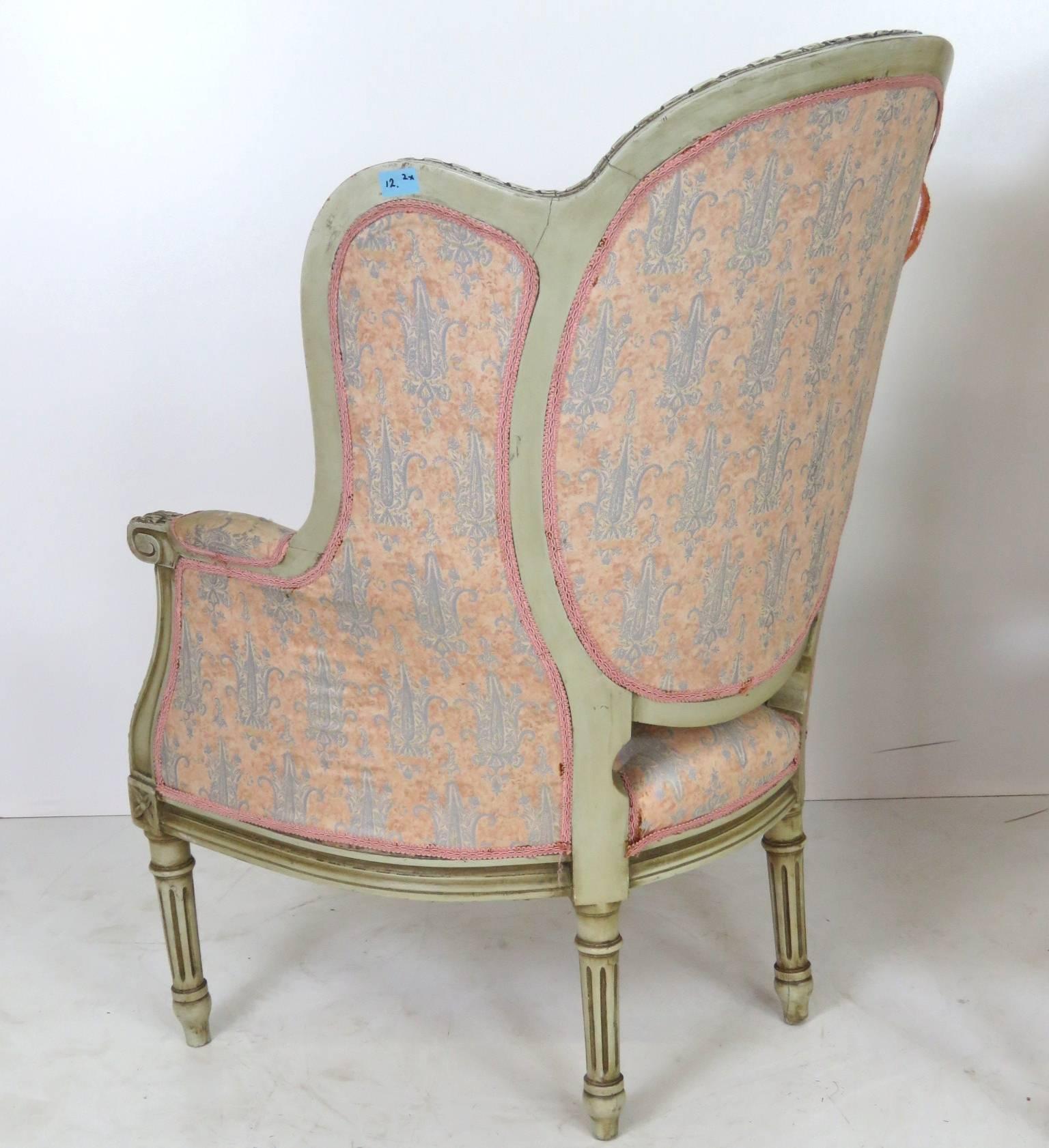 Pair of French Louis XVI Style Distressed Painted Bergere Parlor Chairs  1