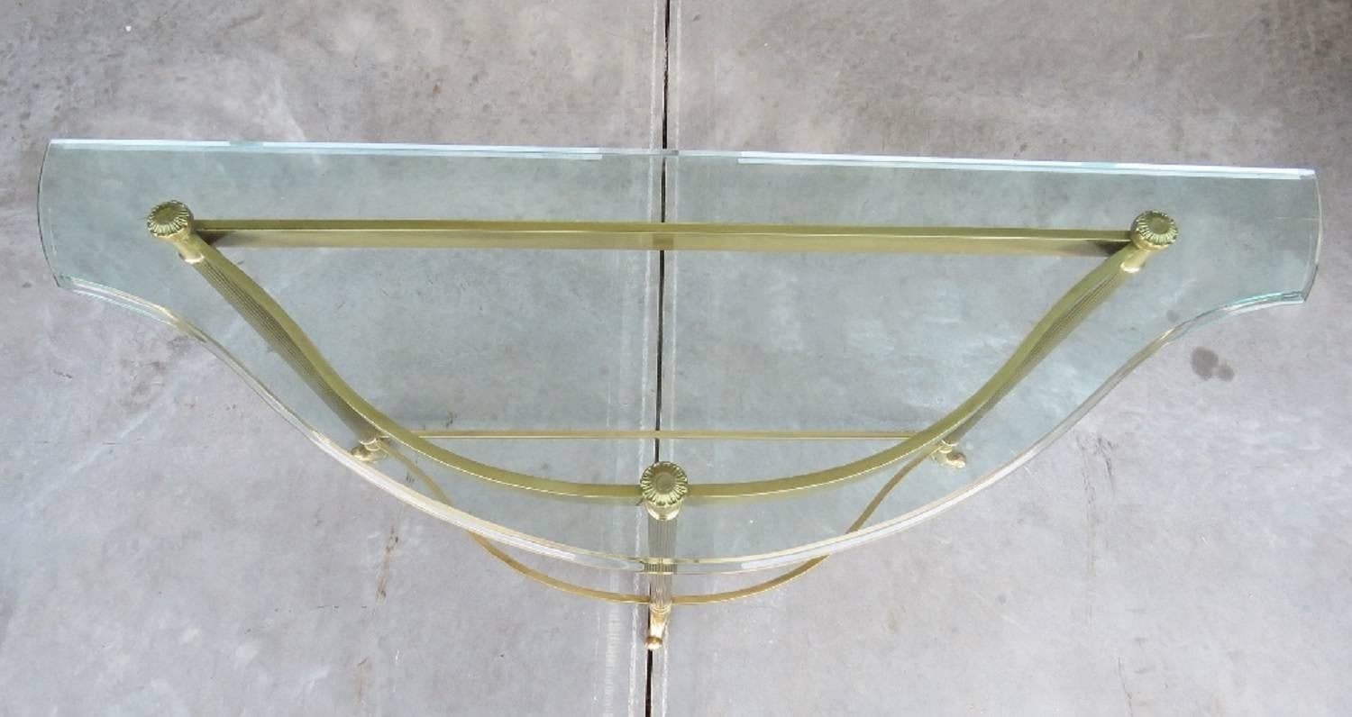 Brass Demilune Glass Top Console Table Attributed to Mastercraft In Excellent Condition In Swedesboro, NJ