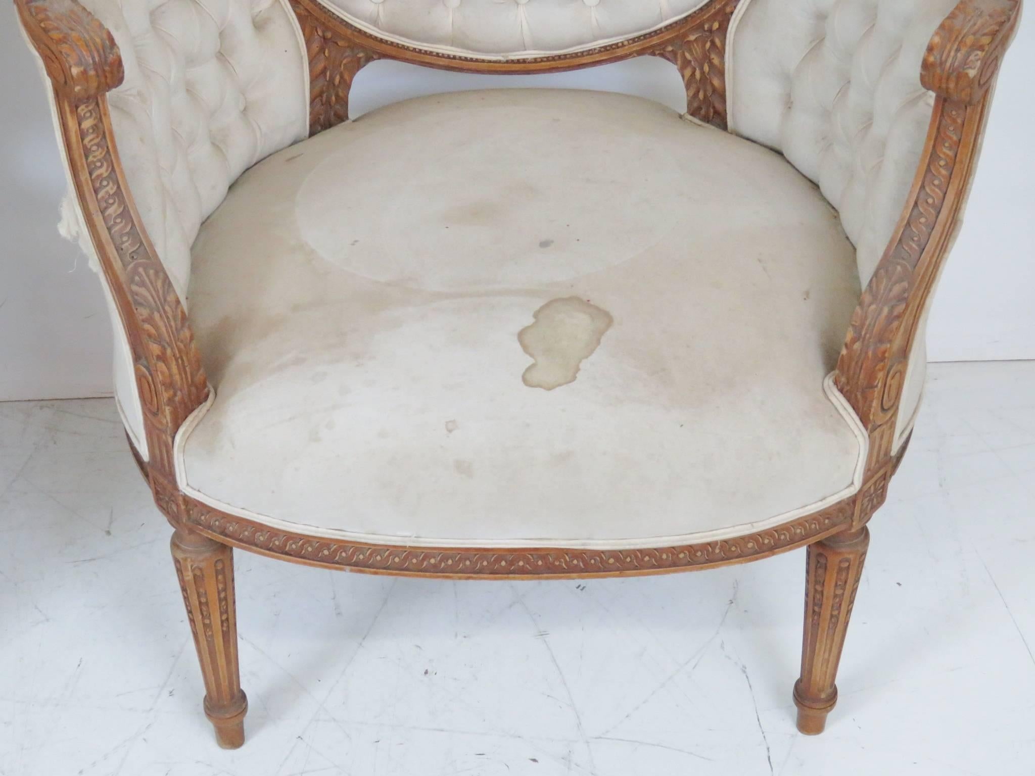 20th Century Pair of Round Back Louis XVI Style Carved Walnut Bergere Canape Chairs  For Sale